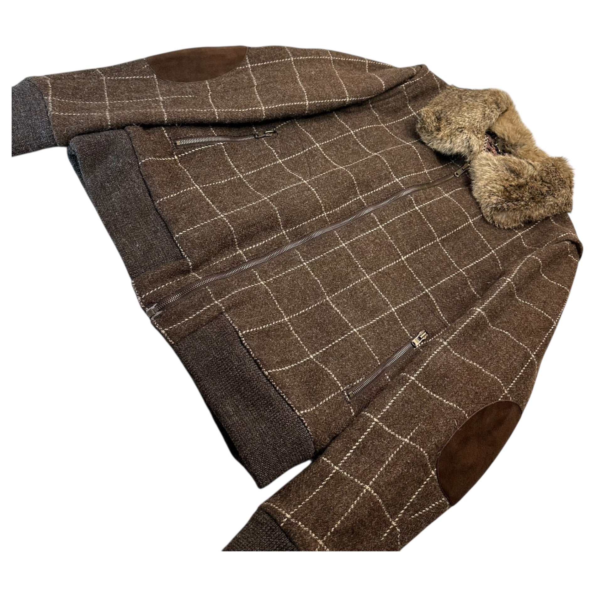 NUMBER (N)INE(ナンバーナイン) 02AW George Period Rabbit Fur Trim Wool Check Short Length Jacket ラビットファー 装飾 ウール チェック ショートレングス ジャケット ボンバー 3(M) ブラウン 2002 archives collection 稀少品 宮下貴裕 本人期 ジャコブウール