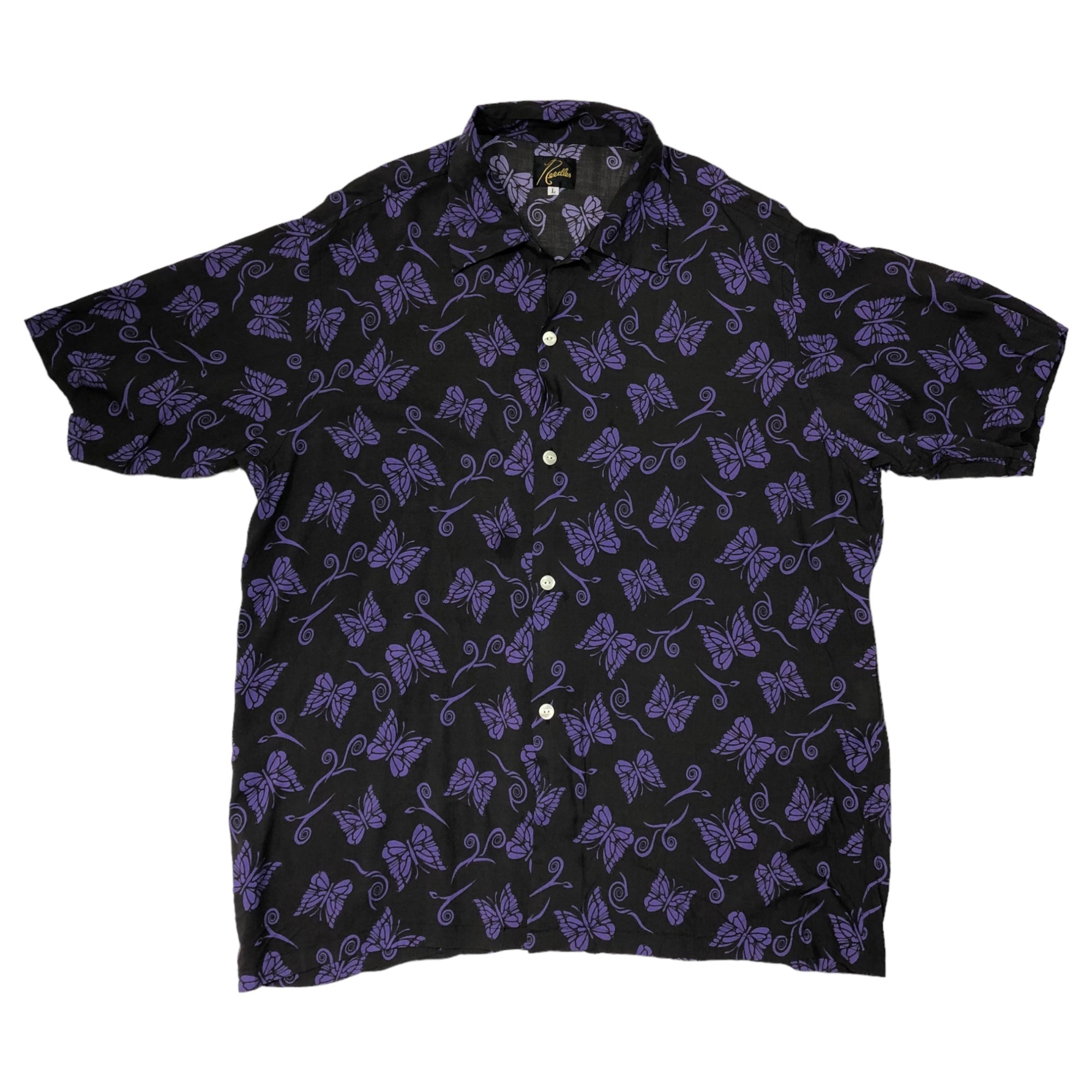 NEEDLES(ニードルズ) 22SS Papillon Emb. S/S shirt パピヨンシャツ アロハシャツ オープンカラー 柄 蝶々 STUDIOUS別注 KP340 SIZE L ブラック×パープル