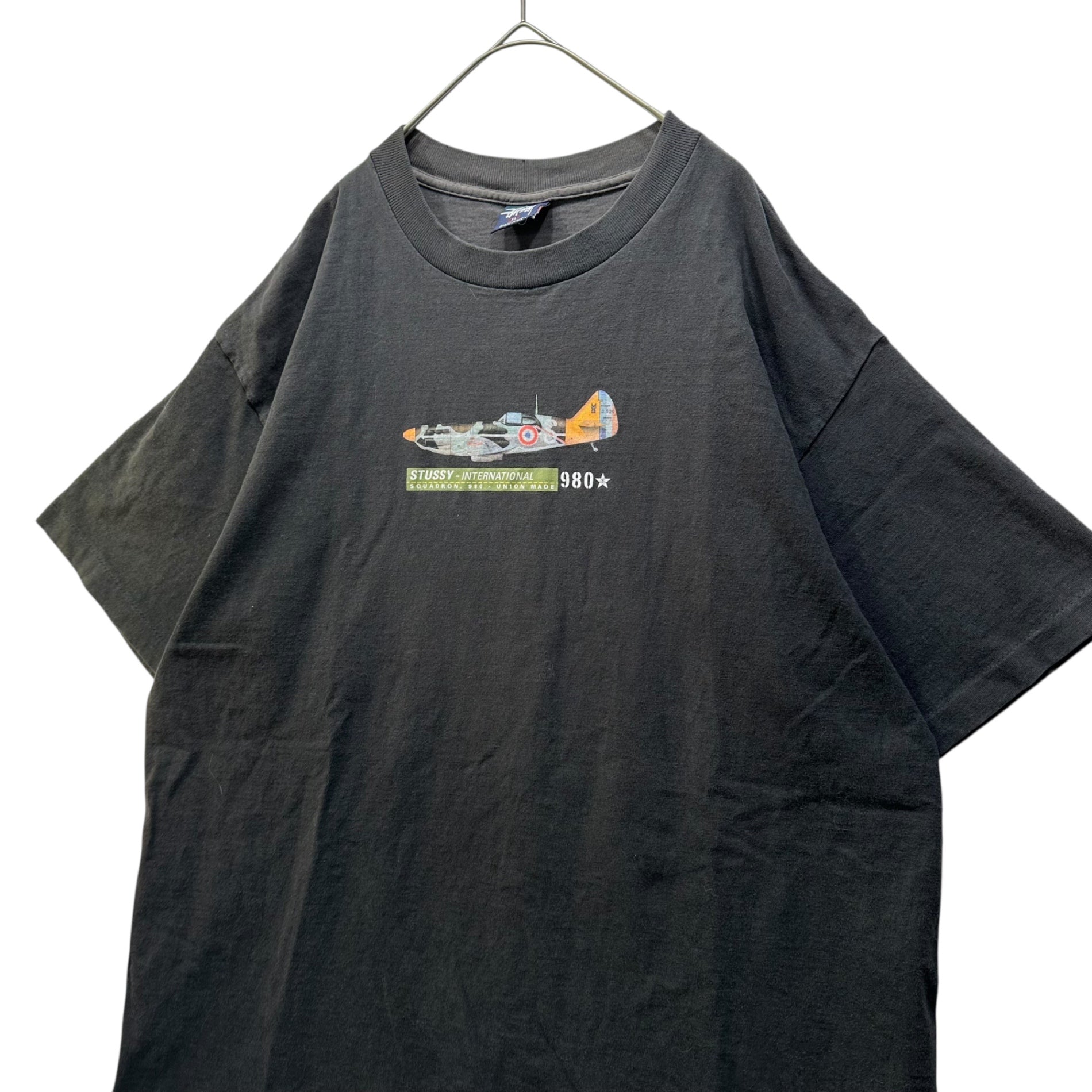 STUSSY(ステューシー) 90's INTERNATIONAL STUSSY-INTERNATIONAL SQUADRON 980 90年代 戦闘機 Tシャツ XL フェードブラック MADE IN USA
