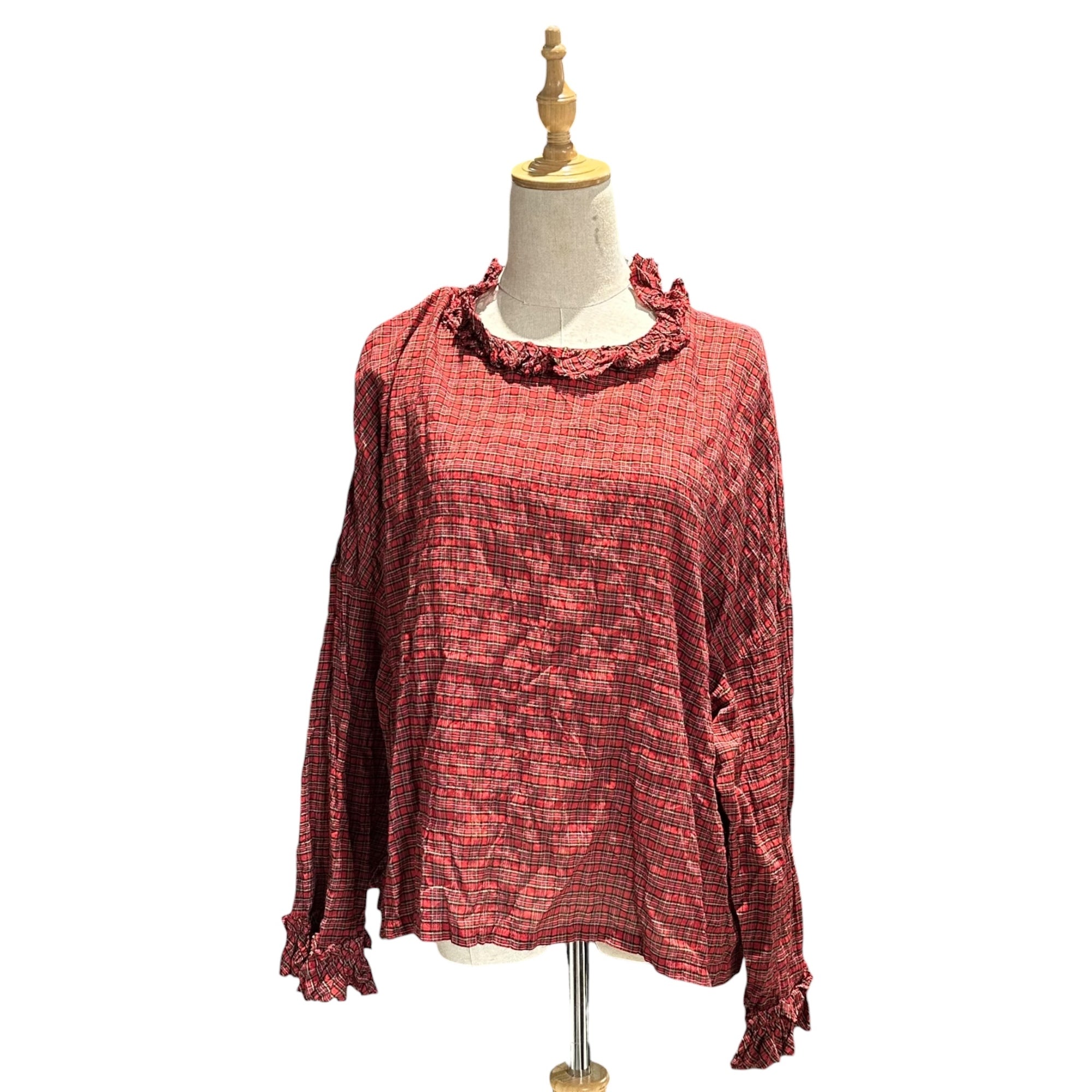 g(グラム) Tartan Check Ruffled Linen Blouse タータンチェック フリル リネン ブラウス フリー レッド