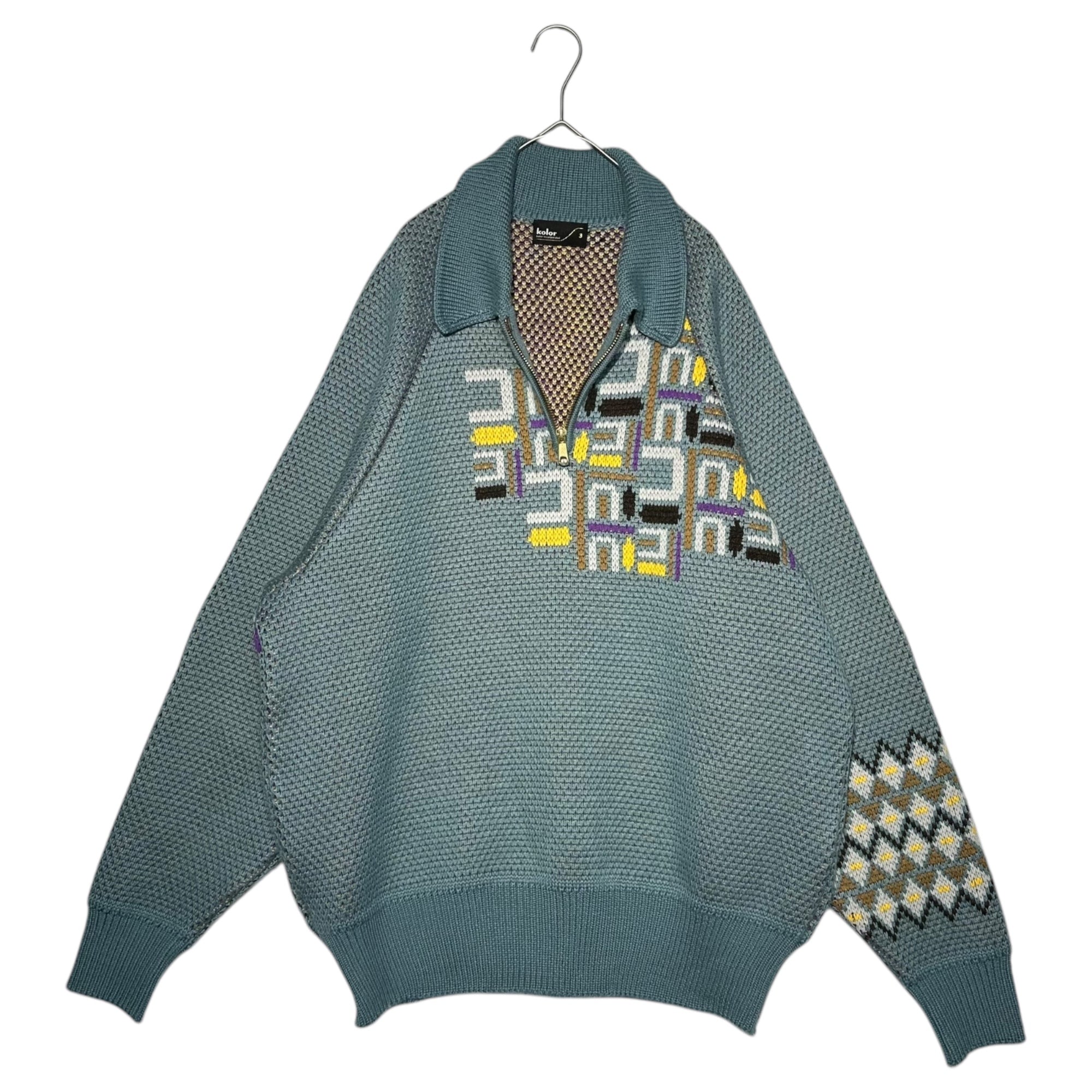 kolor(カラー) 23AW Jacquard Pattern Zip Polo Knit ジャガード柄 ジップ ポロ ニット 23WCM-N08304 3 ライトブルー