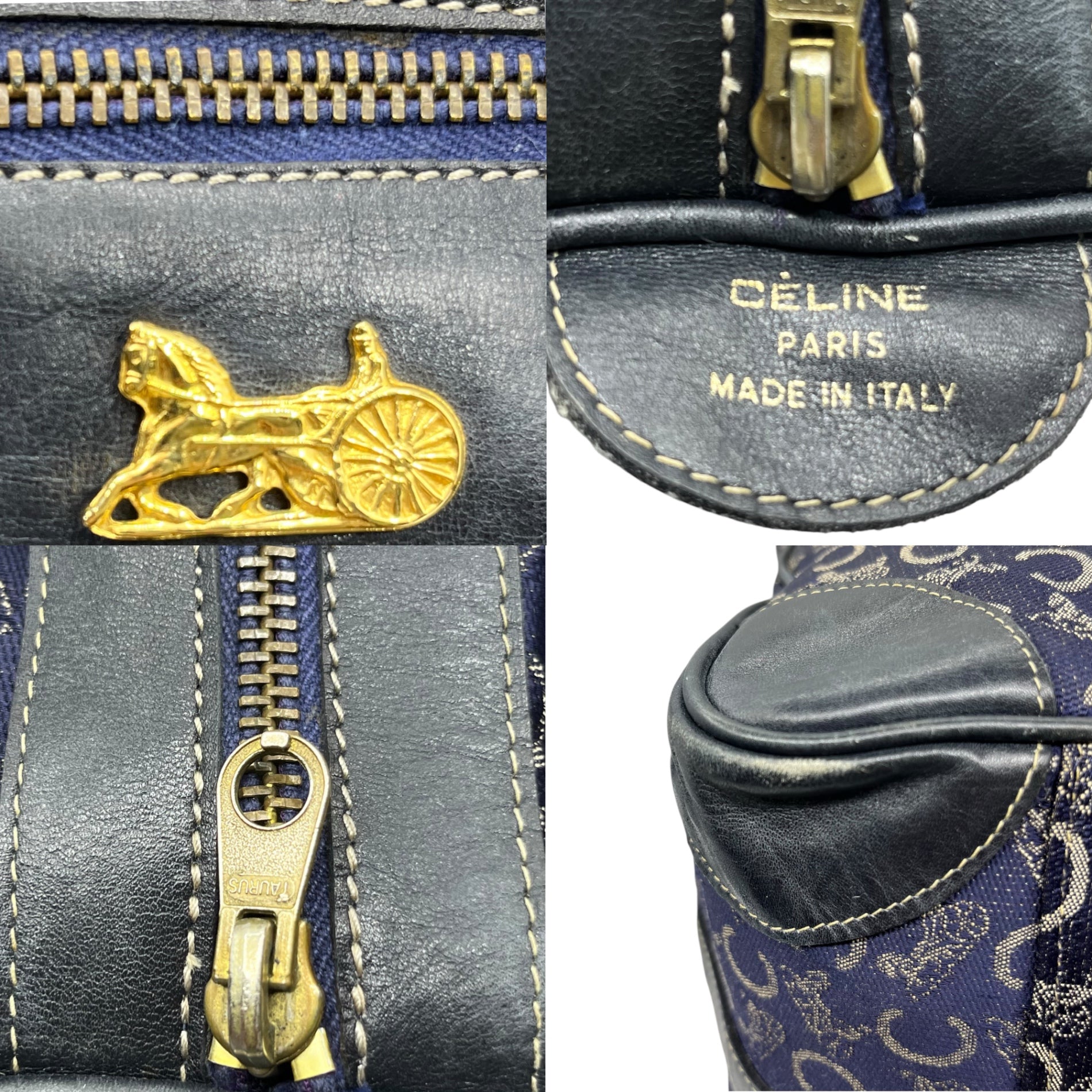 CELINE(セリーヌ) Vintage C Circle Boston Bag ヴィンテージ Cサークル ボストン バッグ ネイビー キャンバス ゴールド 金具 マカダム