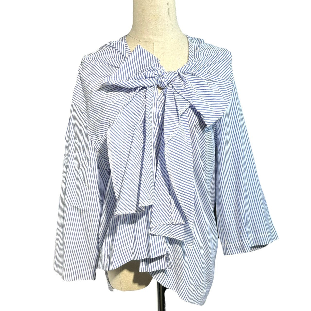 tricot COMME des GARCONS(トリココムデギャルソン) 13AW Front Ribbon Design L/S Striped Blouse フロント リボン デザイン L/S ストライプ ブラウス TL-B022 M ホワイト×ブルー AD2013