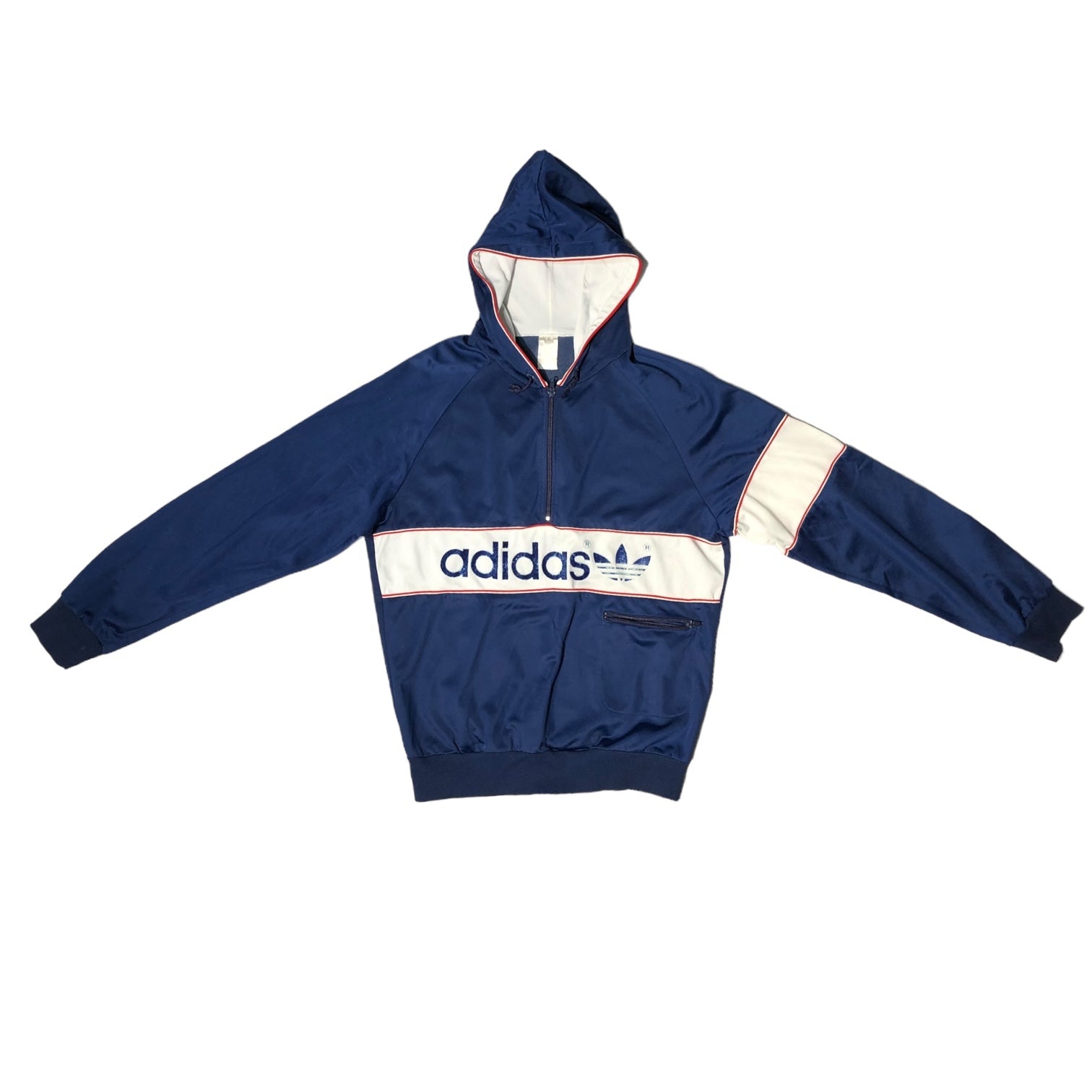 adidas(アディダス) 80's vintage hooded track jacket ヴィンテージ フーデッド トラック ジャケット US M ネイビー×ホワイト×レッド 80年代 ハンガリー製 万国旗タグ