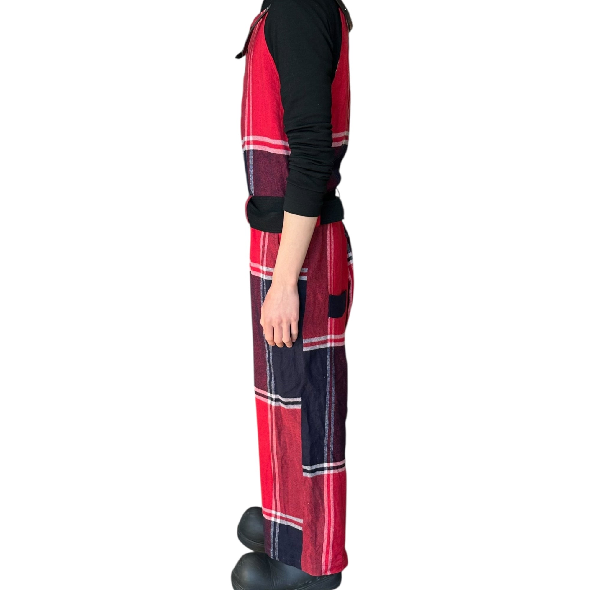 Y's(ワイズ) Leather Shoulder Check Linen Wool Overalls レザー ショルダー チェック リネン ウール オーバーオール YU-D09-139 2(M程度) レッド×ネイビー 男性着用可能サイズ