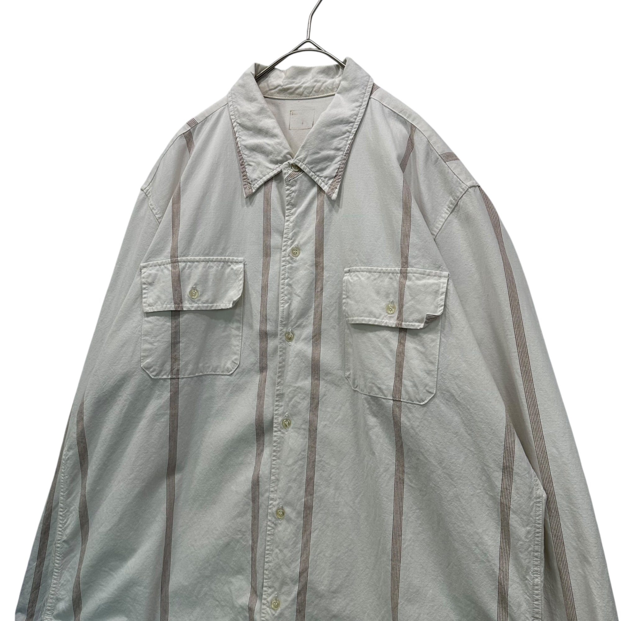 Euro vintage(ヨーロッパヴィンテージ) Heavyweight Cotton Striped L/S Shirt 厚手コットン ストライプ 長袖 シャツ L~XL程度 ホワイト×ピンク ITALIAN MILITARY プリズナー シャツ