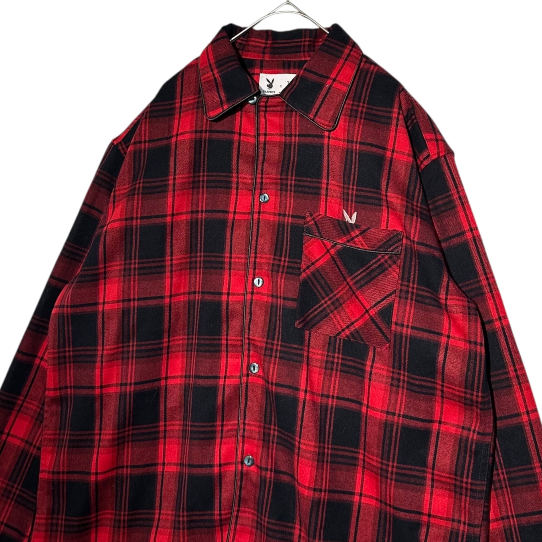 TAIN DOUBLE PUSH×PLAY BOY(タインダブルプッシュ×プレイボーイ) Tartan Check Piping Shirt タータン チェック パイピング シャツ S レッド×ブラック コラボ