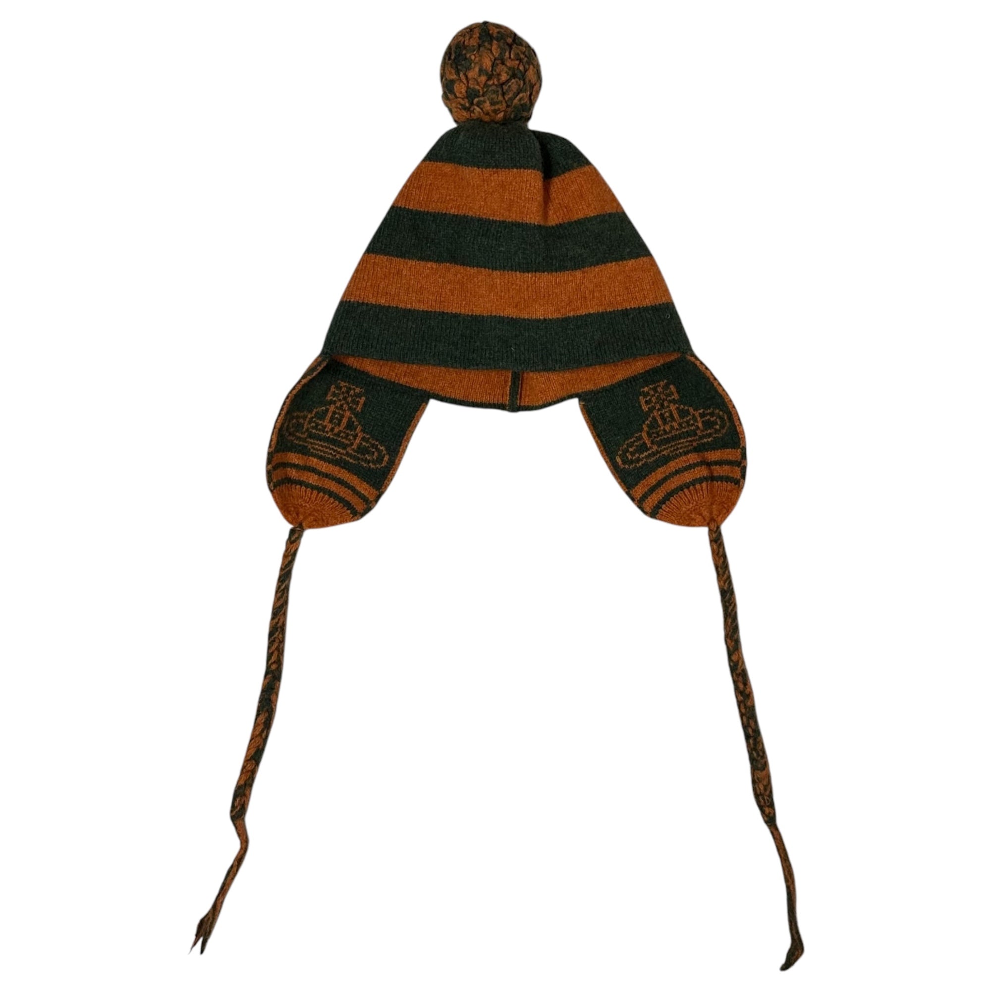 Vivienne Westwood(ヴィヴィアンウエストウッド) knit hat with ear flaps 耳当て付き ニット帽 ニットキャップ ボーダー オレンジ×グリーン 稀少カラー ムーンバットタグ付