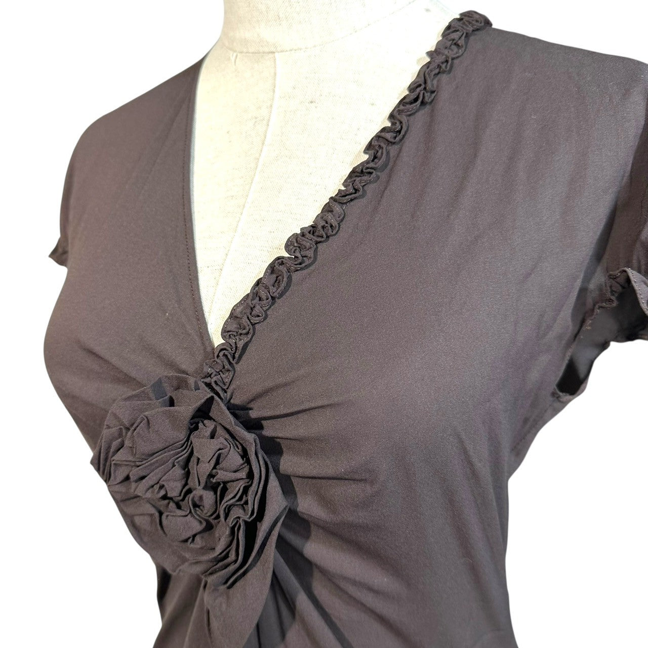 D&G(ディー&ジードルガバドルチェ&ガッバーナ) 02AW Flower Motif V-Neck Silk Short-Sleeved Blouse フラワーモチーフ Vネック シルク 半袖 ブラウス ETO2R UAAG 38(M) ブラウン