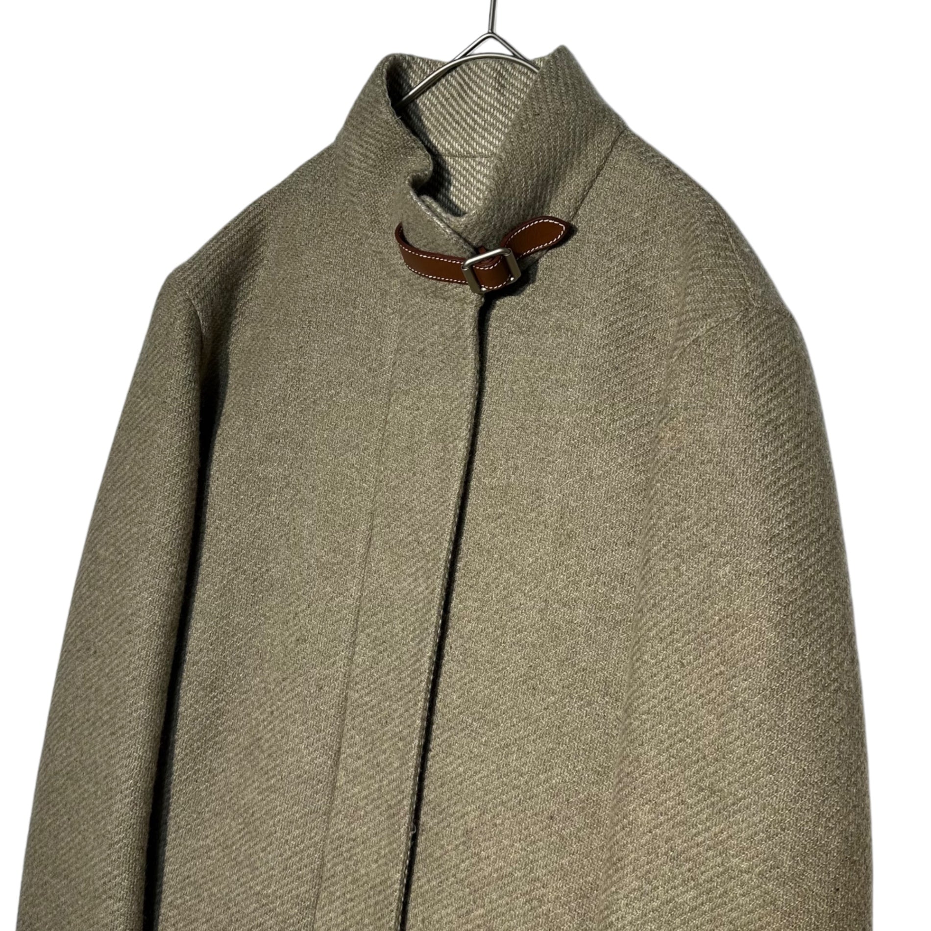 HERMES(エルメス) By Margiela 100% cashmere tweed stand collar jacket マルジェラ期 カシミア ツイード スタンドカラー ジャケット 38(M程度) ベージュ レザー ストラップ エルメスジャポンタグ ブルゾン