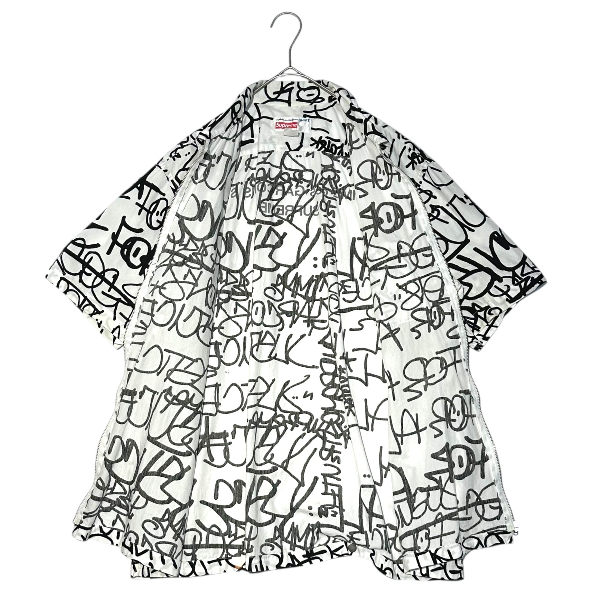 Supreme×COMME des GARCONS SHIRT(シュプリーム×コムデギャルソンシャツ) 18AW Graphic S/S Shirt コムデギャルソンシャツ グラフィック ジップアップ 半袖 シャツ S1FW18 L ホワイト×ブラック 18FW コラボアイテム