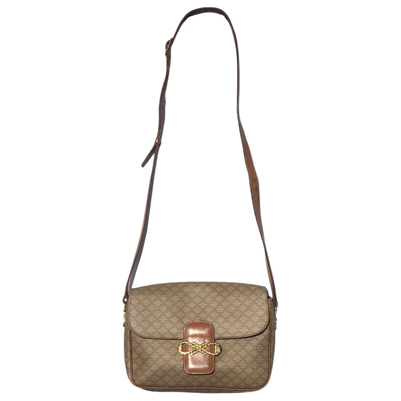 CELINE(セリーヌ) Vintage macadam gold hardware shoulder bag ヴィンテージ ゴールド 金具 マカダム ショルダー バッグ FD07 ベージュ×ブラウン 金 リボン