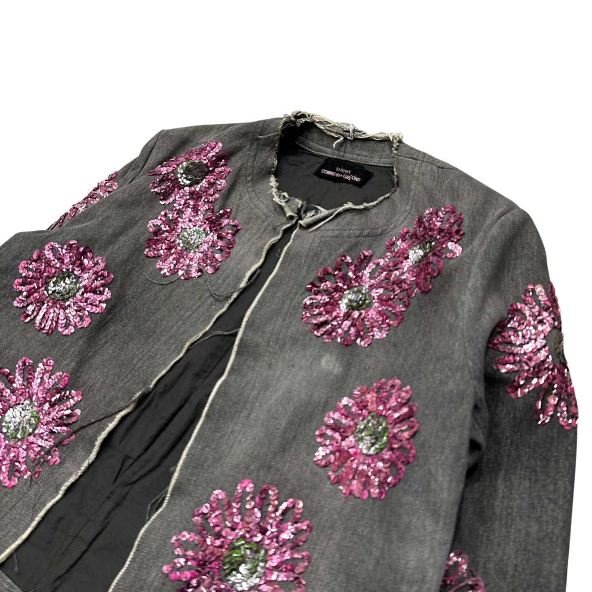 tricot COMME des GARCONS(トリココムデギャルソン) 2001AW Floral sequin collarless denim jacket フラワー スパンコール デニム ノーカラー ジャケット TC-J003 S グレー×ピンク AD2001 00's