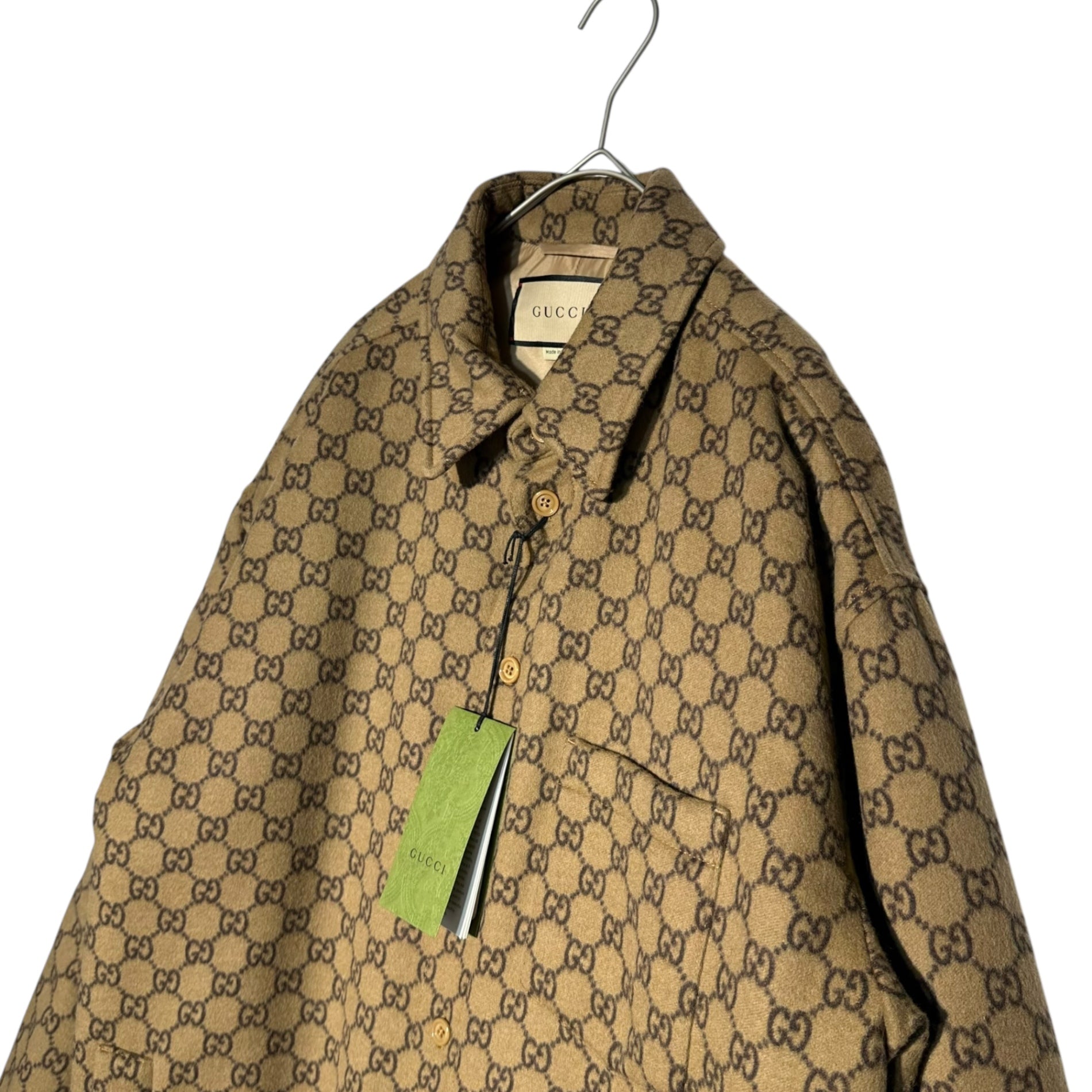 GUCCI(グッチ) 24SS ZAPDW GG Wool flannel padded over long sleeve shirt GG ウールフランネル パデッド オーバー 長袖 シャツ 762183 48 ブラウン ロゴ ジャケット