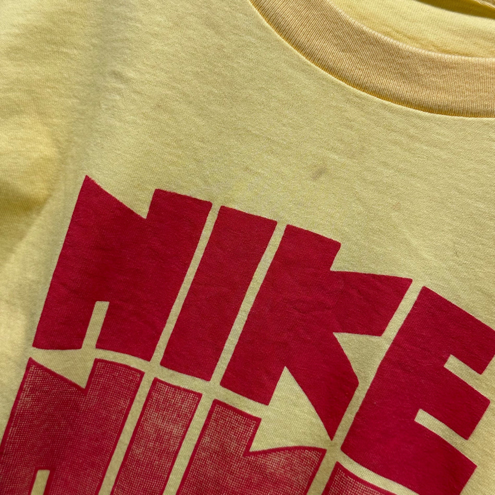 NIKE(ナイキ) 80's 4-tier logo print T-shirt ゴツ ナイキ 4段 プリント Tシャツ 表記無し(M程度) イエロー×レッド 80年代 オリジナル ヴィンテージ
