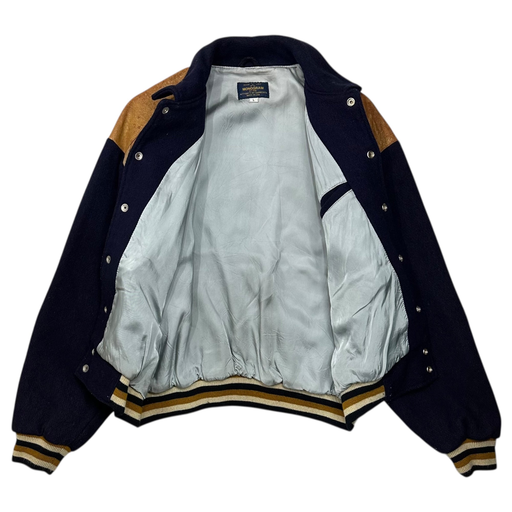 MONOGRAM(モノグラム) Leather Patchwork Bomber Jacket レザー 切替 スタジャン L ネイビー×ブラウン