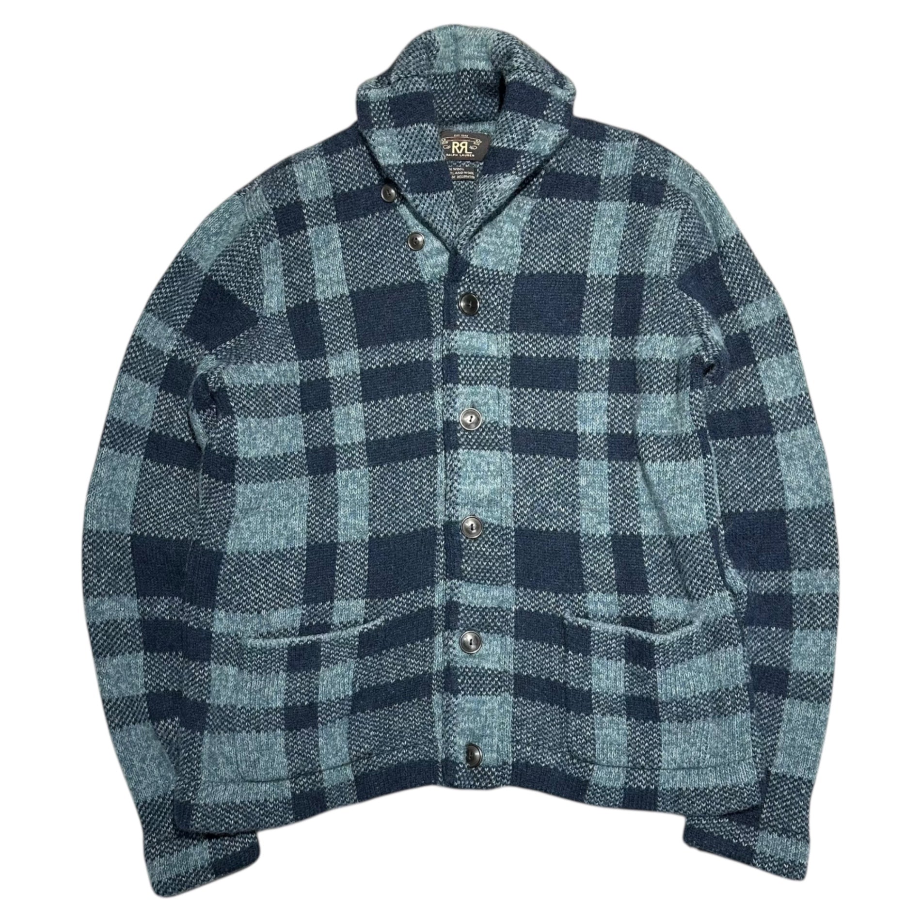 RRL(ダブルアールエル) Shetland Wool Shawl Collar Check Knit Cardigan シェットランドウール ショールカラー チェック ニット カーディガン L ブルー×ネイビー 海外購入品