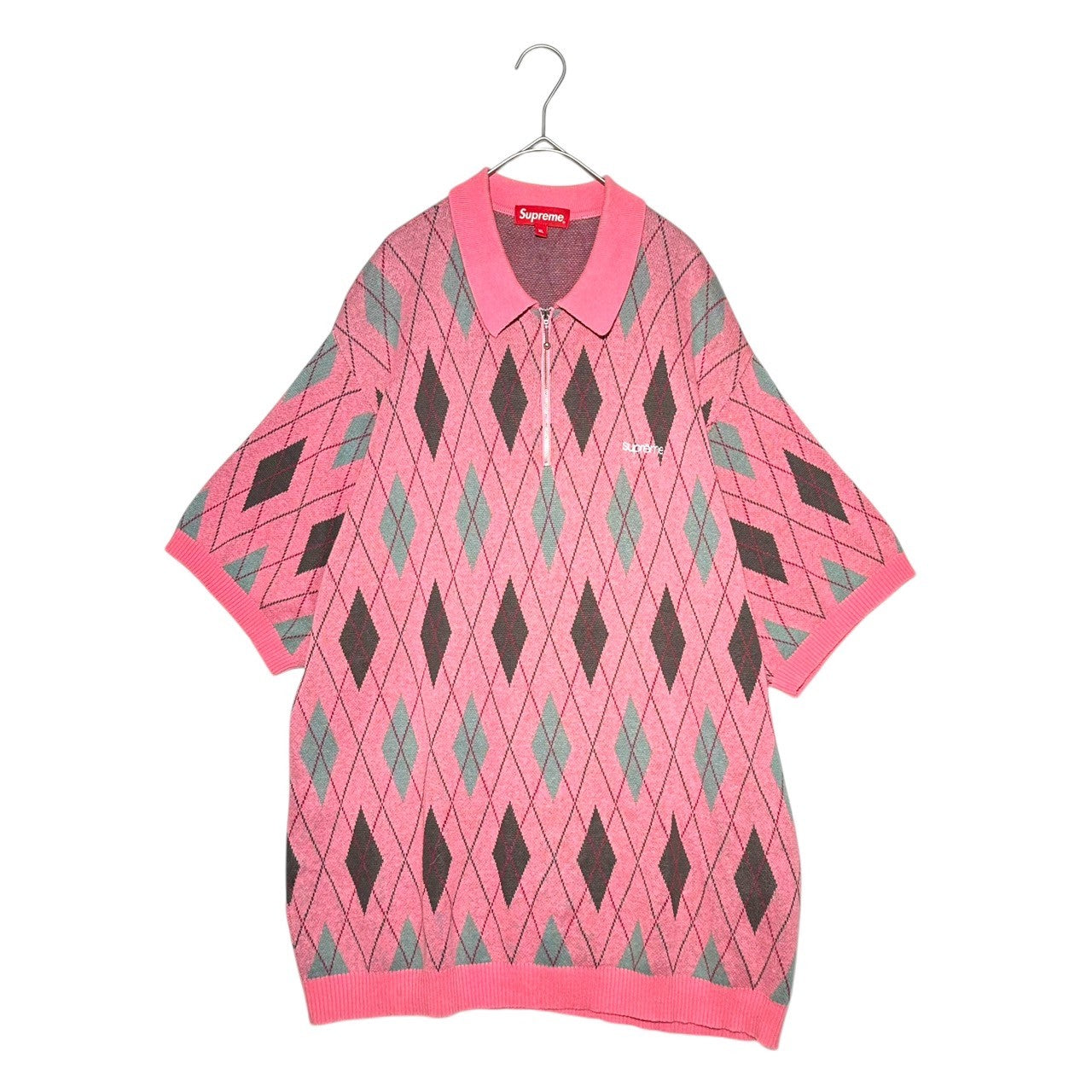 SUPREME(シュプリーム) 21AW Argyle Zip Polo アーガイル ニット ジップ 半袖 ポロ シャツ XL ピンク 21FW