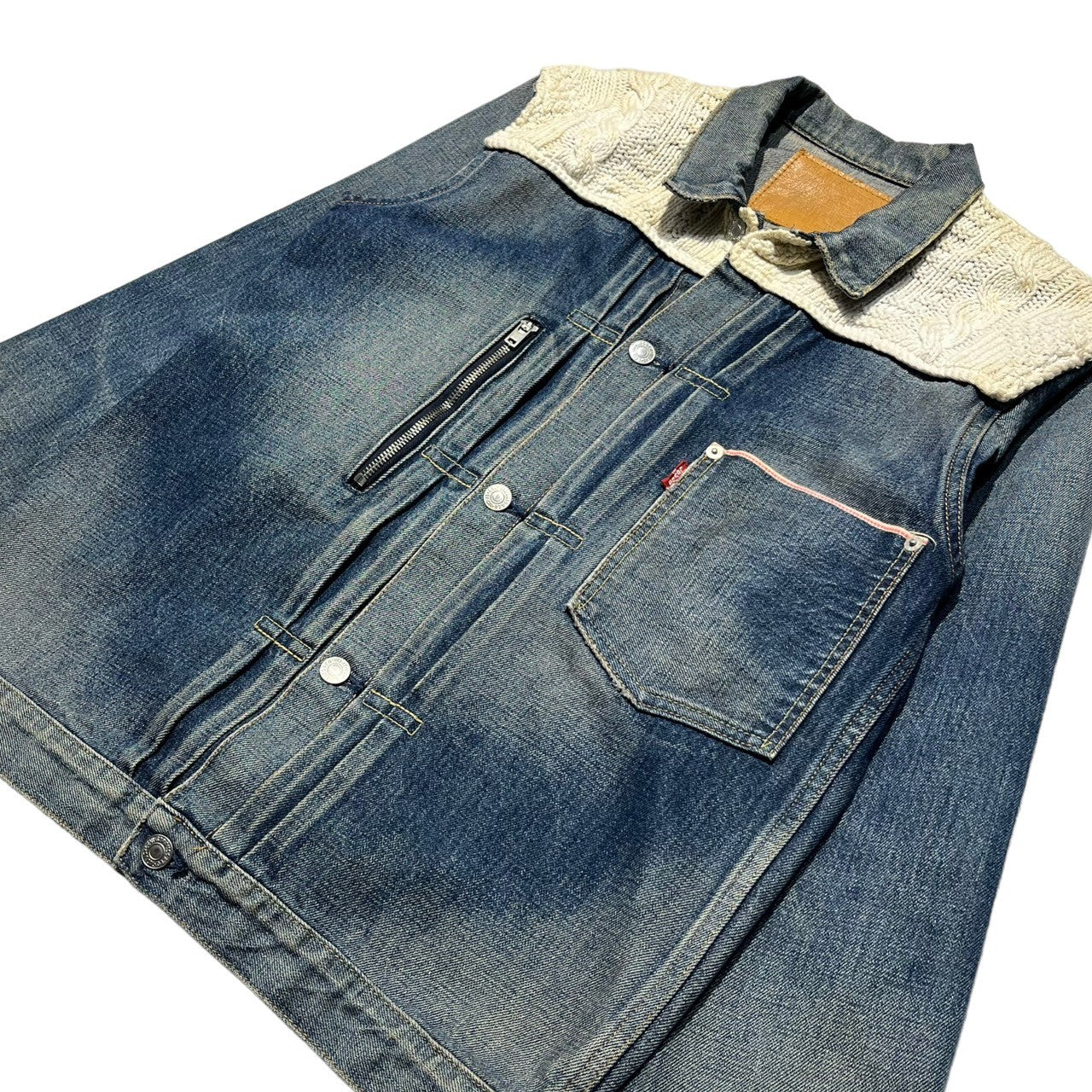 FRAGMENT DESIGN × LEVI'S FENOM(フラグメントデザイン×リーバイスフェノム) 00's Knit switching 1st model trucker denim jacket ニット切替 ファーストモデル トラッカー デニムジャケット 3016-2 FM13-0001 M インディゴ×オフホワイト 藤原ヒロシ モンクレールコラボ元ネタ ヴィンテージ加工(汚れは加工です)