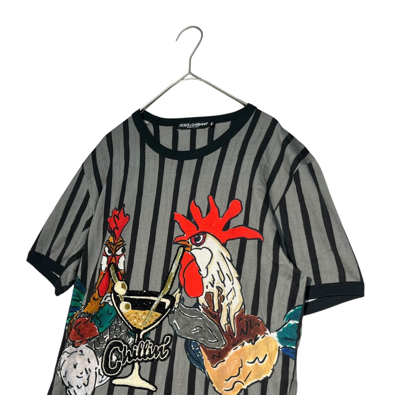DOLCE&GABBANA(ドルチェ&ガッバーナドルガバ) 17 YEAR OF THE ROOSTER T-shirt ニワトリ プリント Tシャツ 鶏 G8GX8Z/G7JYA 46 グレー×ブラック