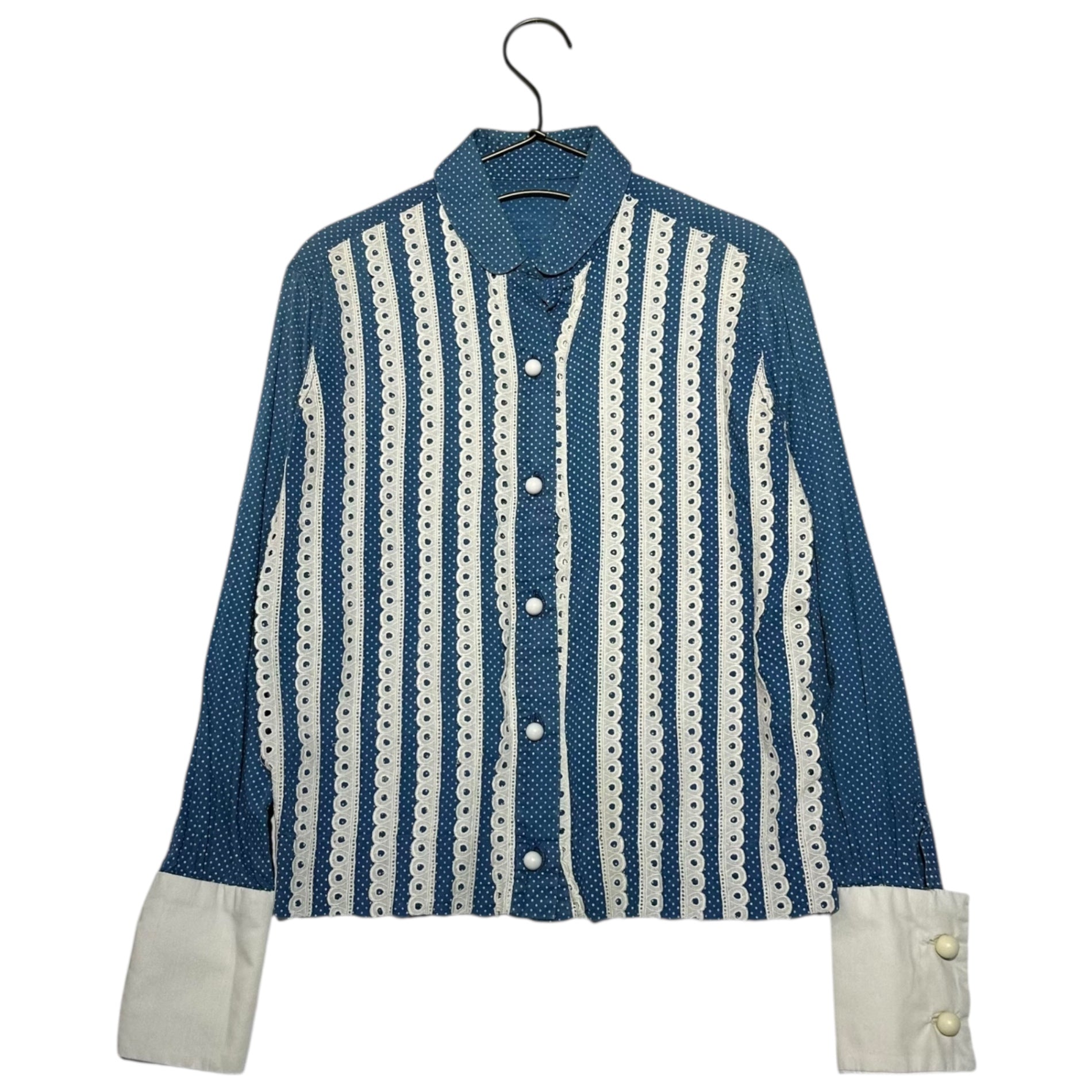 VINTAGE(ヴィンテージ) 60's glen of michigan Dot Pattern Lace Round Collar Blouse ドット柄 レース 丸襟 ブラウス 表記無(S~M程度) ブルー×ホワイト 推定60年代