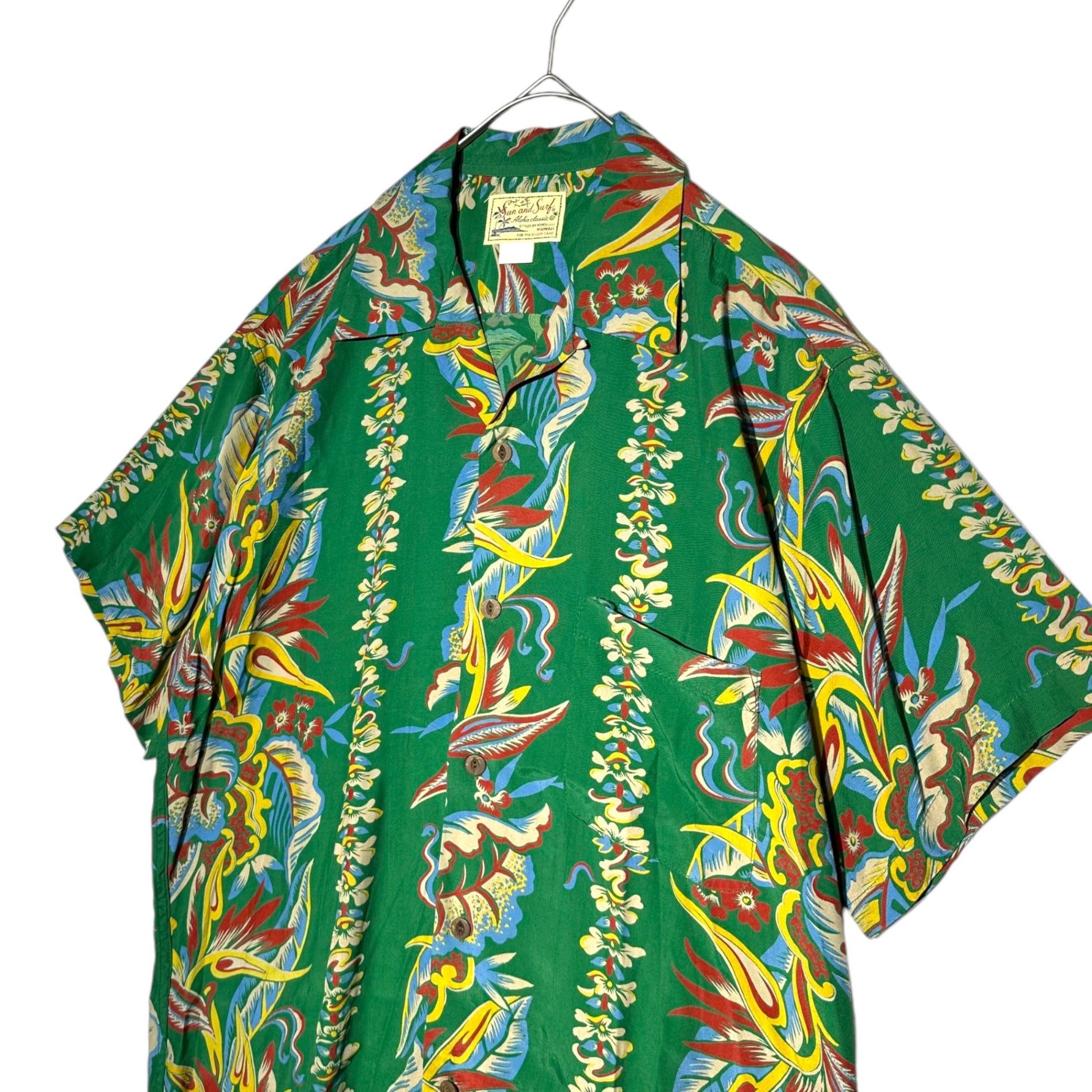 SUN SURF(サンサーフ東洋) 90's Botanical Rayon Aloha Shirt ヴィンテージ ボタニカル レーヨン アロハ シャツ L グリーン オープンカラー 開襟 半袖 Sun and Surf sugar cane