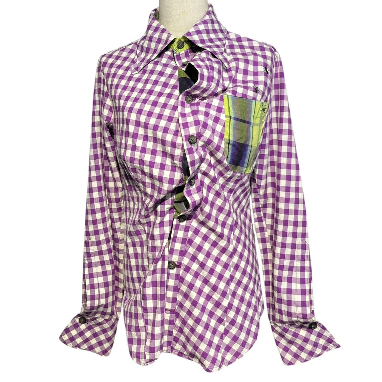 Vivienne Westwood ANGLOMANIA(ヴィヴィアンウエストウッドアングロマニア) Ant Embroidery 2 Pattern Check Switching Deformation Shirt アント 刺繍 2パターン チェック 切替 変形 シャツ 15-01-831001 40(M程度) パープル×グリーン