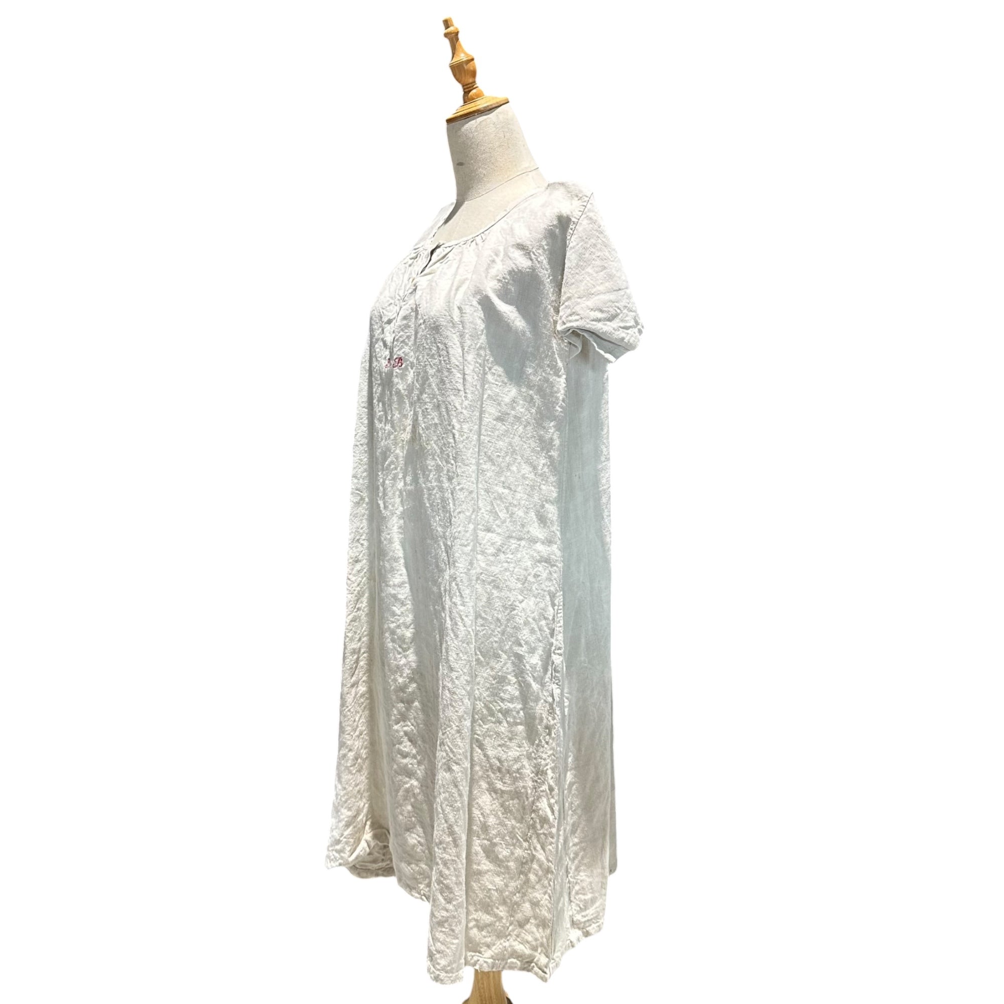 Euro antique(ヨーロッパアンティーク) 00's~ 「FB」_red name stich victoria cotton short sleeve onepiece ネーム刺繡入りヴィクトリアンコットン半袖ワンピース 表記無し(M~L程度) ベージュ / 染み有