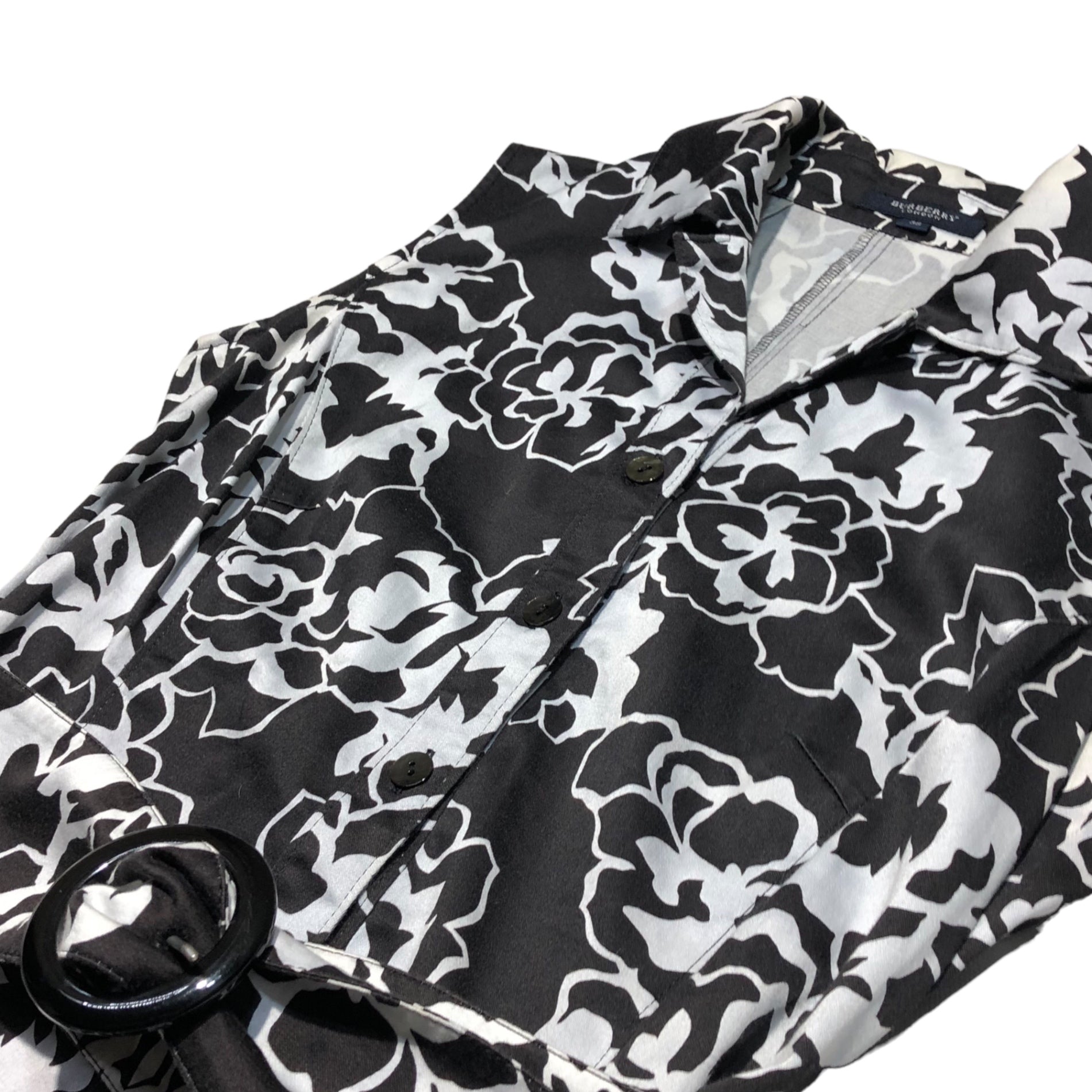 BURBERRY LONDON(バーバリーロンドン) Flower print belted sleeveless long dress フラワー プリント ベルテッド ノースリーブ ロング ワンピース FMA98-507 38(M程度) ブラック×ホワイト ベルト付き 花柄