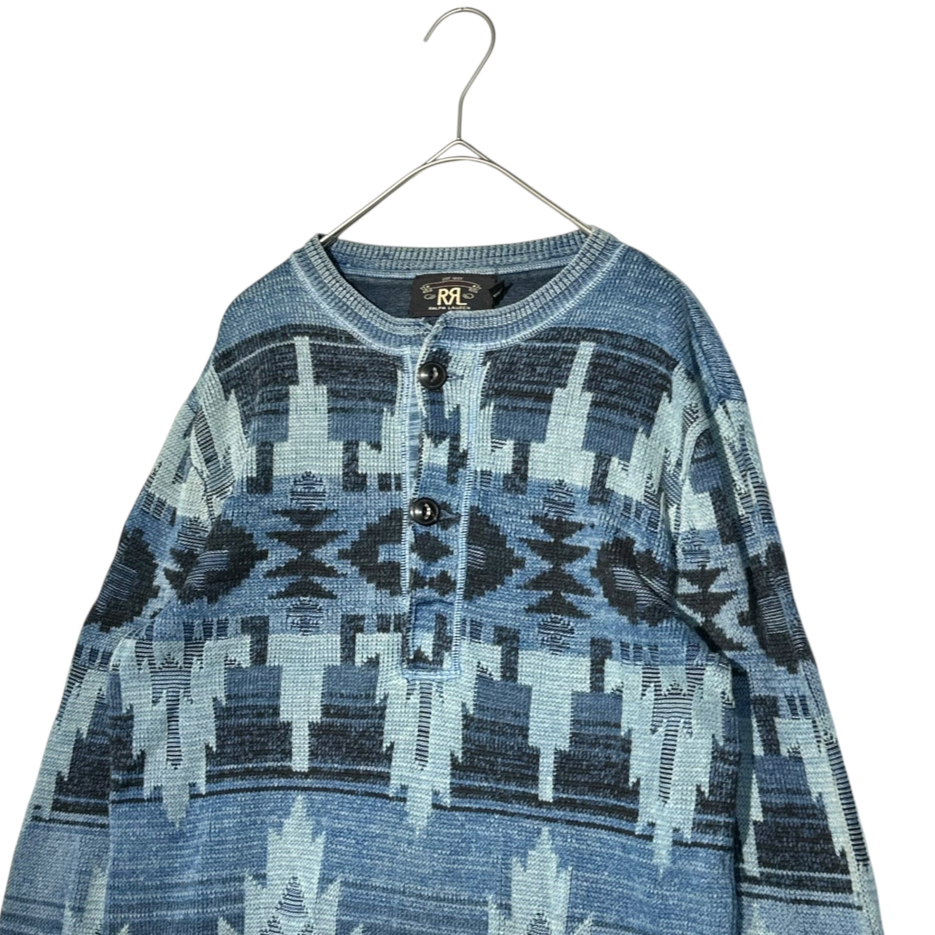 RRL(ダブルアールエル) Indigo Knit Chimayo Pattern Henley Neck Knit インディゴニット チマヨ柄 ヘンリーネック ニット S インディゴ