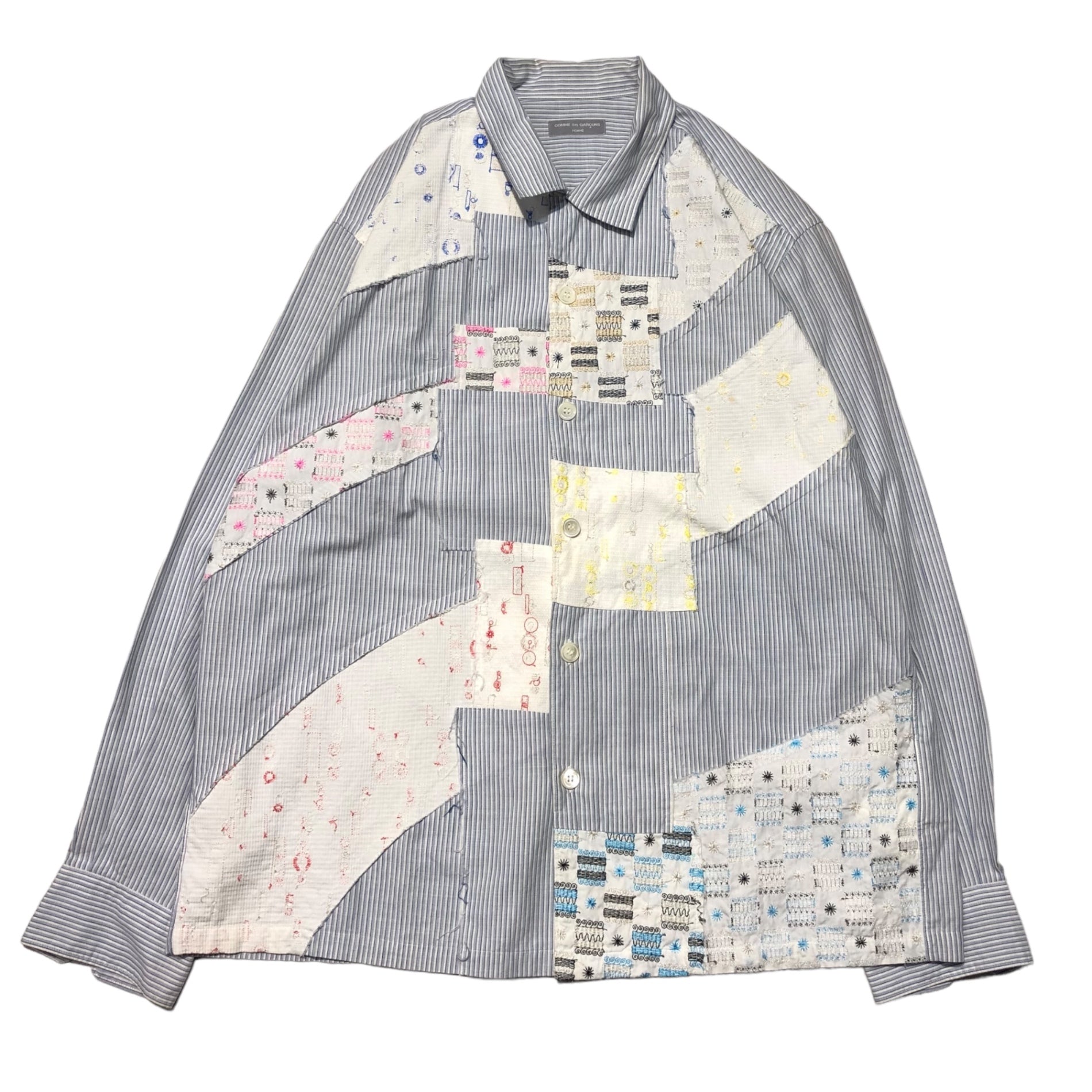 COMME des GARCONS HOMME(コムデギャルソンオム) Old patchwork striped overshirt オールド パッチワーク ストライプ オーバーシャツ 田中オム 表記無し(FREE) ブルー×マルチカラー AD2002 開襟(オープンカラー)