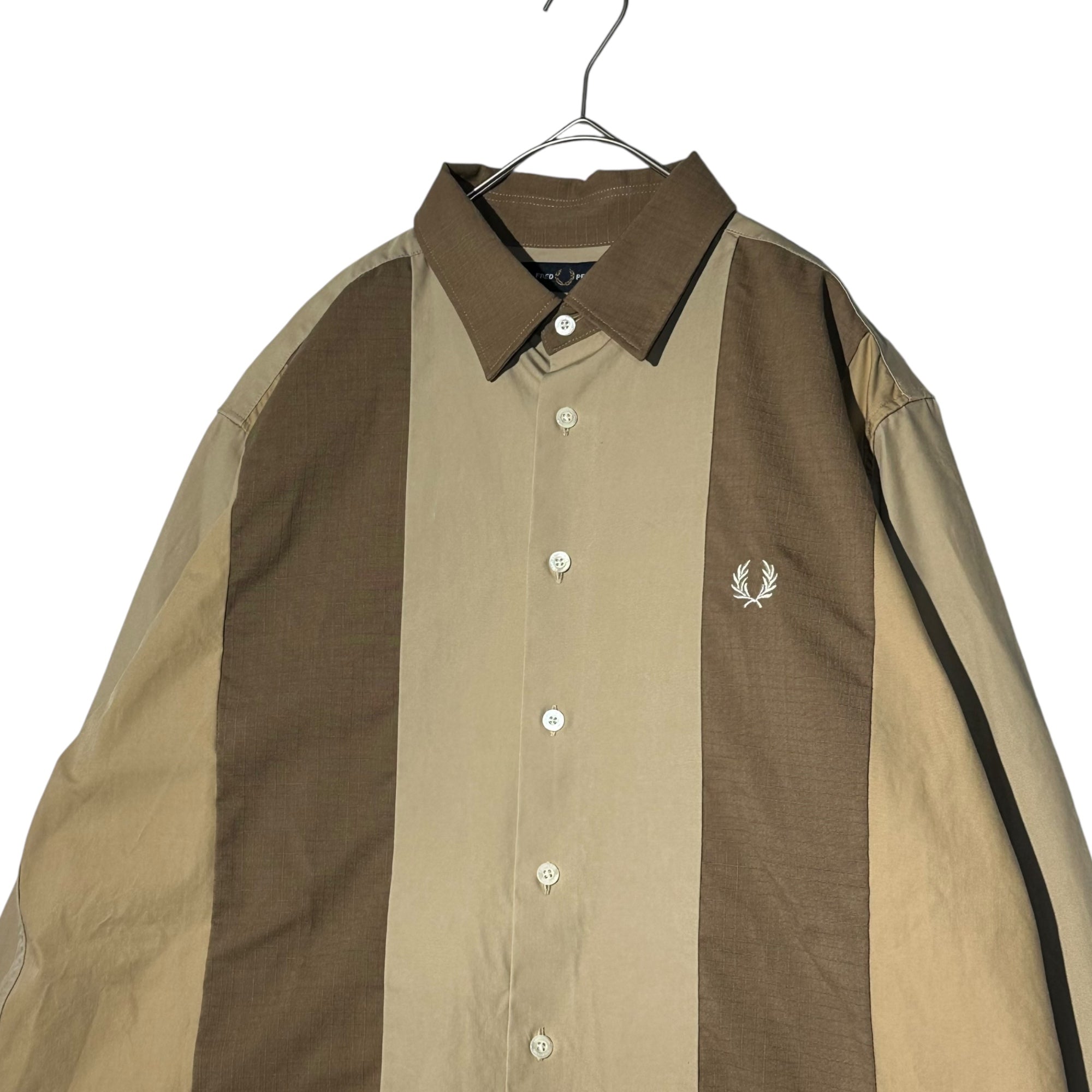 FRED PERRY(フレッドペリー) PANELLED SHIRT パネル 長袖 シャツ F4567 M ベージュ×ブラウン