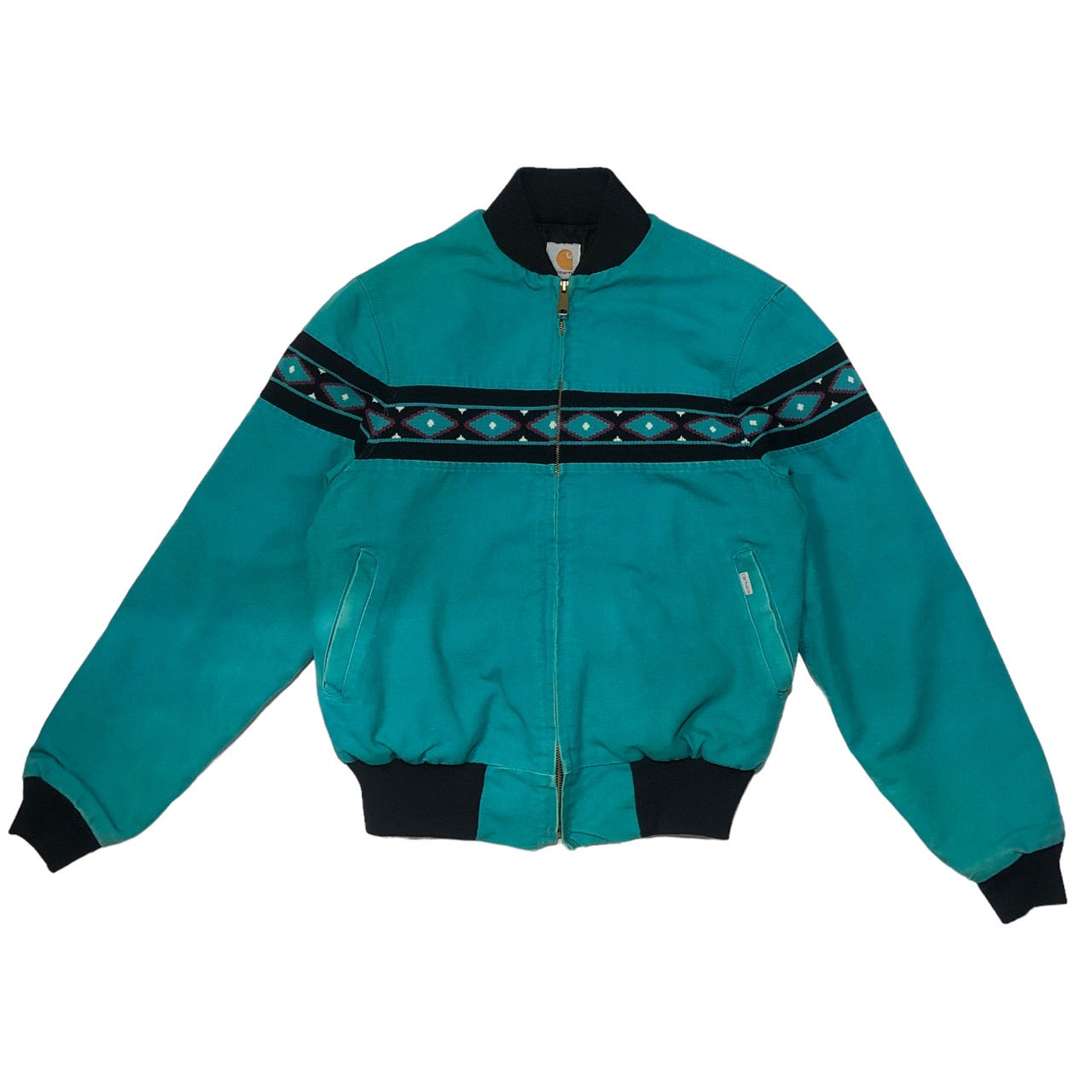 carhartt(カーハート) 80'sヴィンテージダック地ネイティブ柄ブルゾン/ジャケット 表記無し(Lサイズ程度) ターコイズブルー/グリーン 80年代 稀少カラー