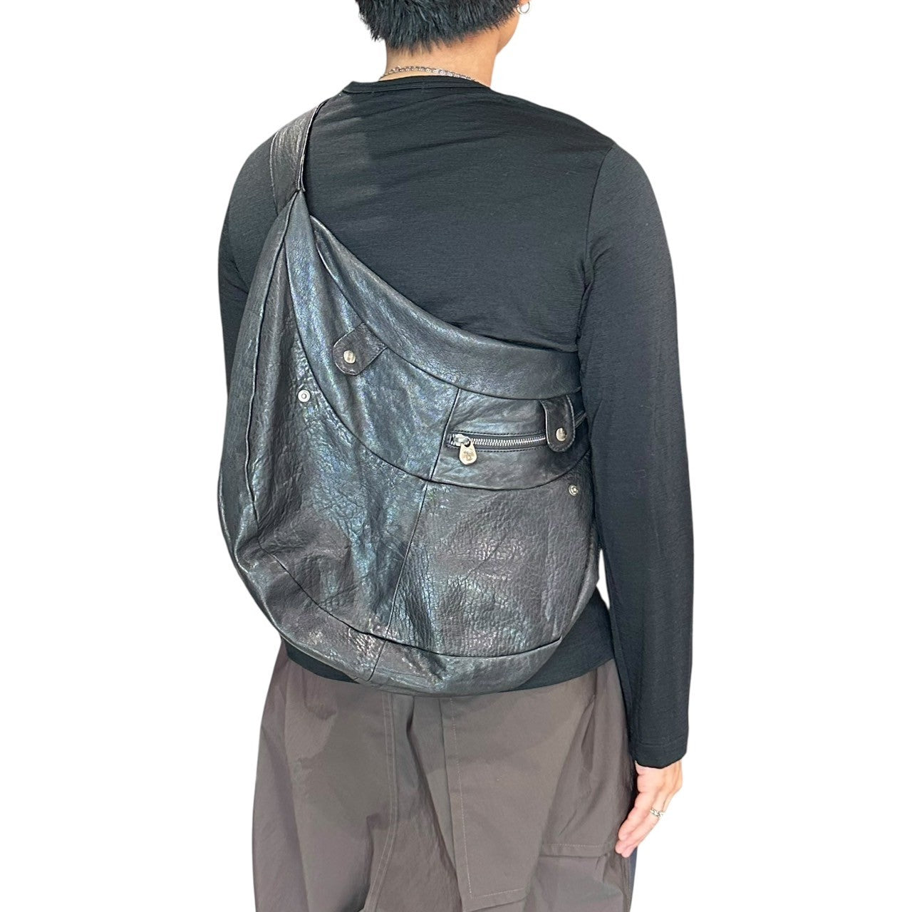 Y's×MANDARINA(ワイズ×マンダリナ) Lamb leather gimmick shoulder bag ラムレザー ギミック ショルダー バッグ ブラック コラボ 斜め掛け