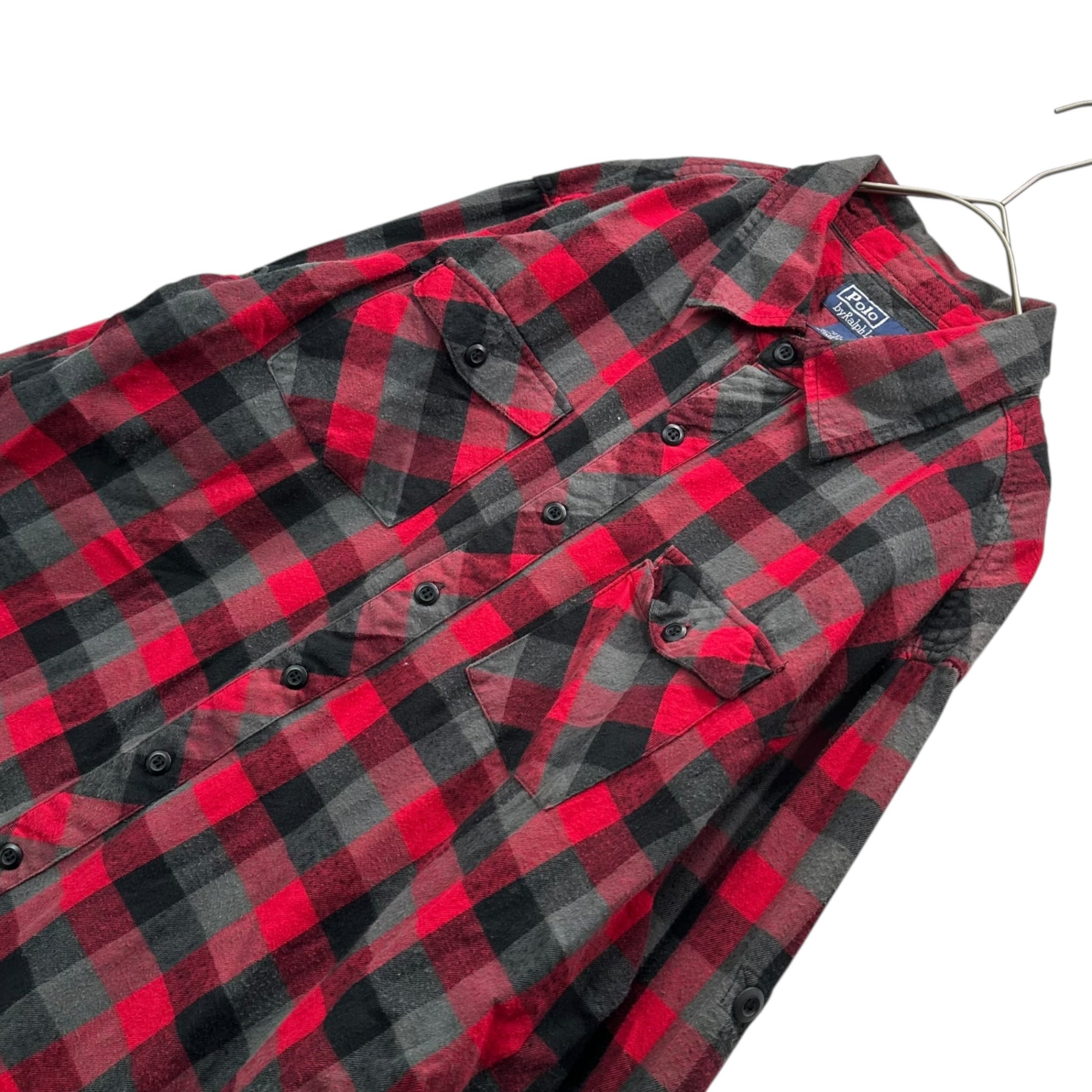POLO RALPH LAUREN(ポロラルフローレン) 90's USA-Made Cotton Check Flannel Shirt 90年代 コットン チェック ネルシャツ L レッド×グレー
