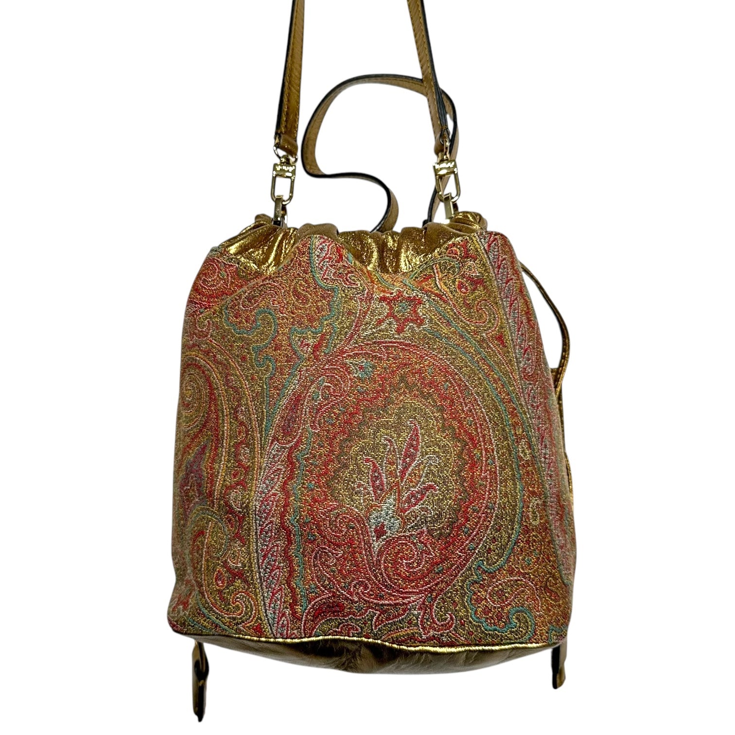 ETRO(エトロ) Paisley pattern drawstring leather shoulder bag ペイズリー柄 巾着 レザー ショルダー バッグ 1G504-1884 レッド×ゴールド 25-03-15