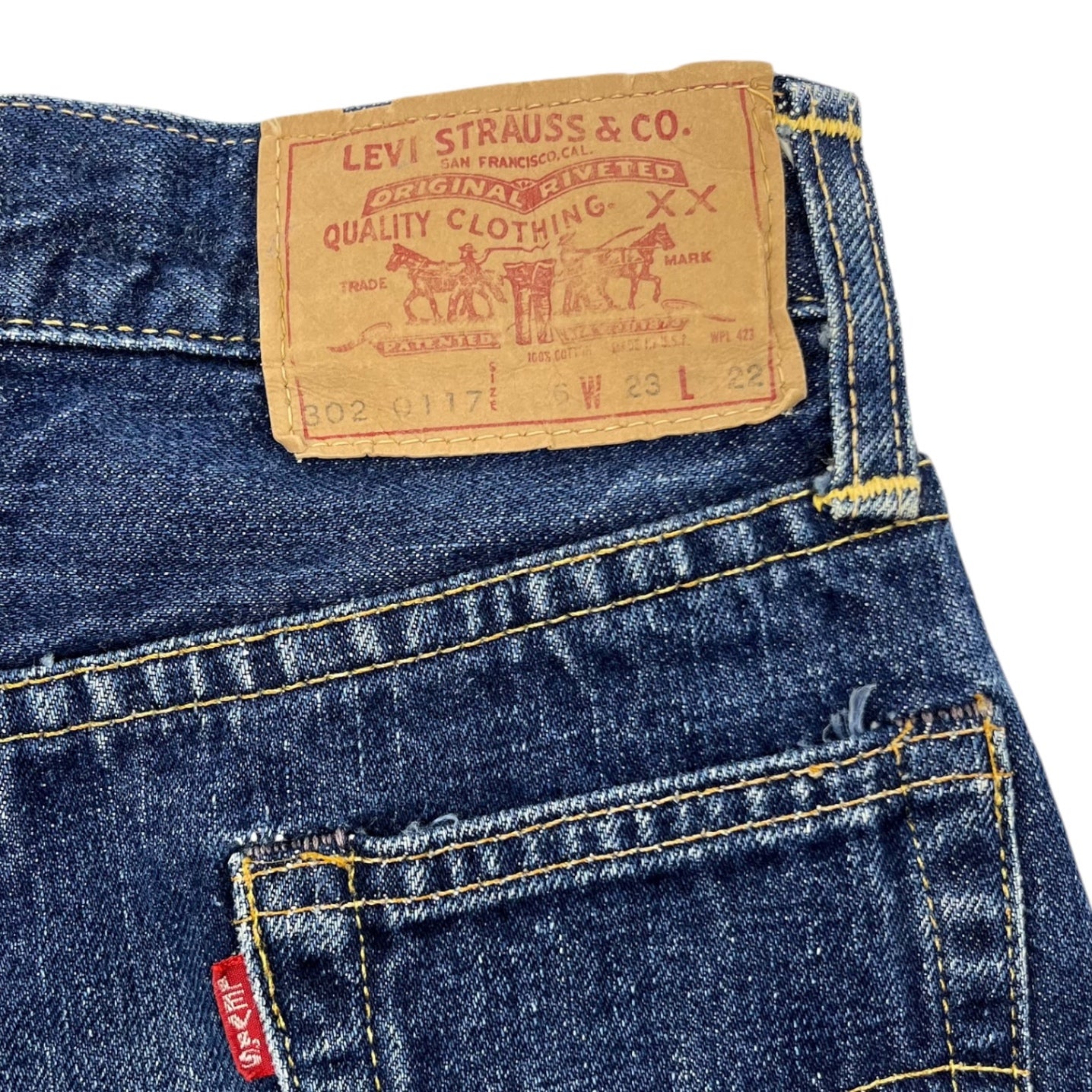 Levi's(リーバイス) 60's BIG E 302 KIDS DENIM PANTS キッズ デニム パンツ 302-0117 6 W23 L22 インディゴ 60年代 ヴィンテージ スングルステッチ 赤耳 SCOVILL ジップ USA製