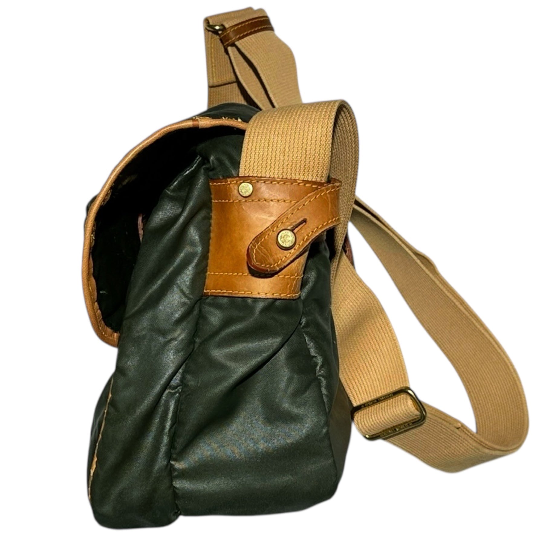 HUNTING WORLD(ハンティングワールド) Nylon leather messenger shoulder bag ナイロン レザー メッセンジャー ショルダー バッグ グリーン×ブラウン