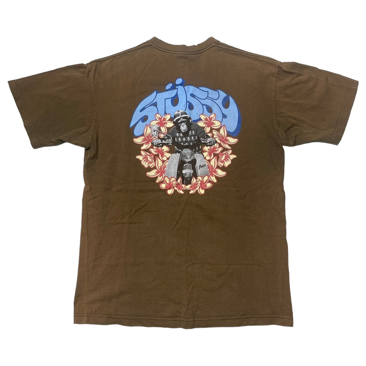 STUSSY(ステューシー) 90's~00's hibiscus & chimpanzee rider Tシャツ ハイビスカス チンパンジー ライダー 紺タグ SIZE M ブラウン 90~00年代 OLD STUSSY