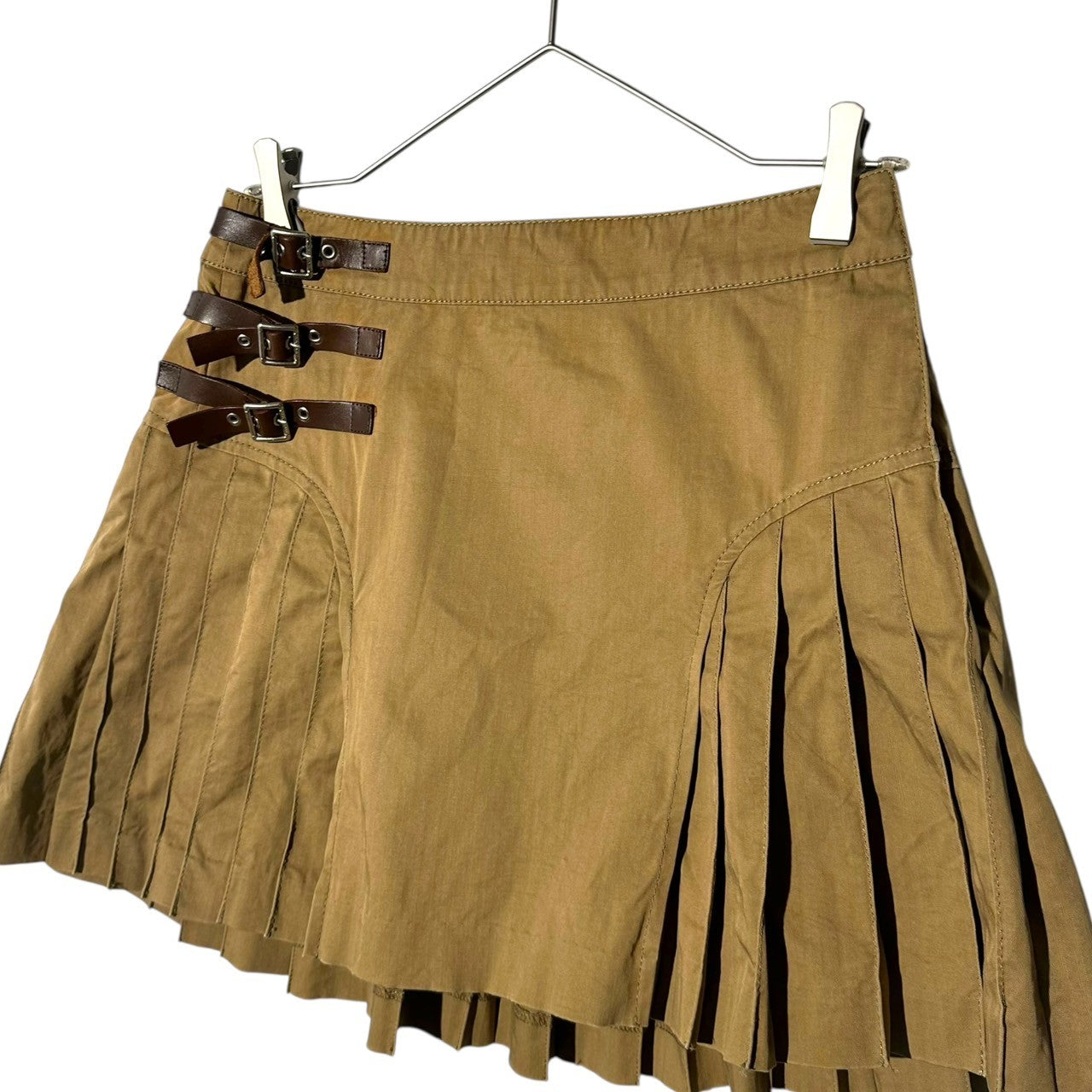BURBERRY BLUE LABEL(バーバリーブルーレーベル) 00's Side Leather Adjuster Pleated Mini Skirt サイド レザー アジャスター プリーツ ミニ スカート FL570-459-65 36(S程度) カーキ