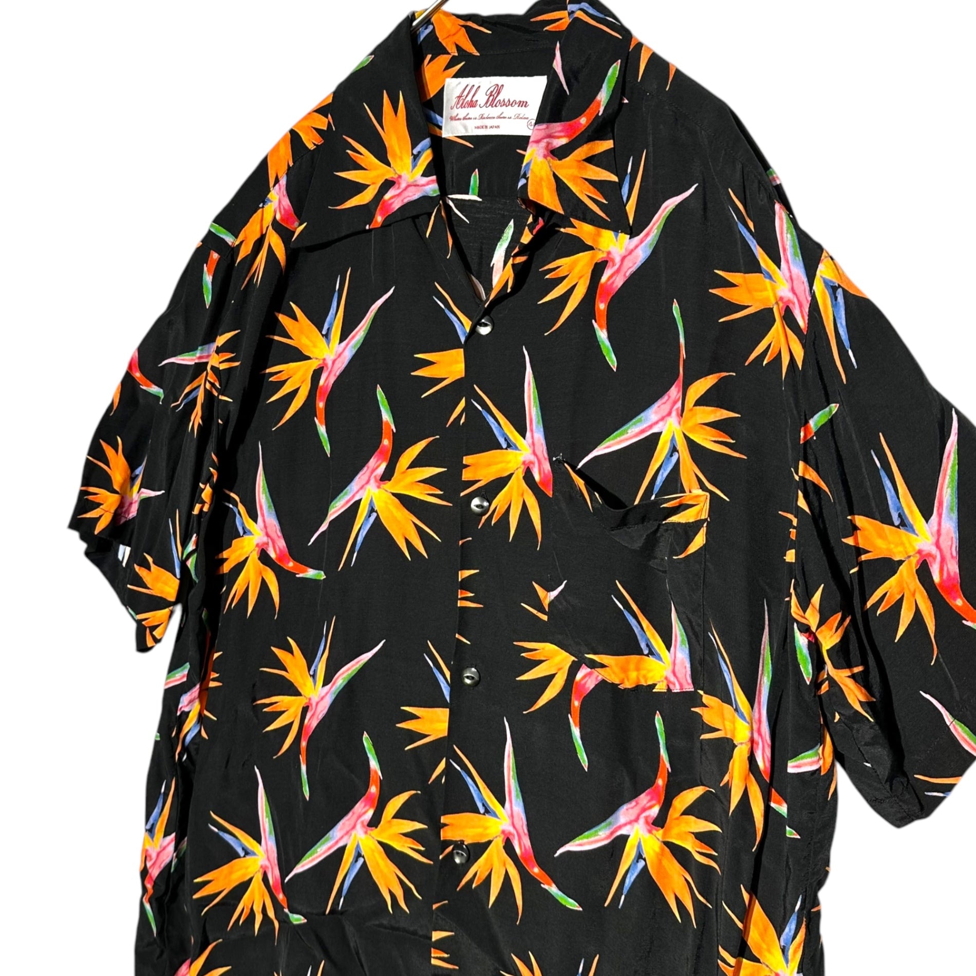 Aloha Blossom(アロハブロッサム) Bird of Paradise Flower Total Pattern Aloha Shirt 極楽鳥花 総柄 アロハシャツ 44(L程度) ブラック×オレンジ
