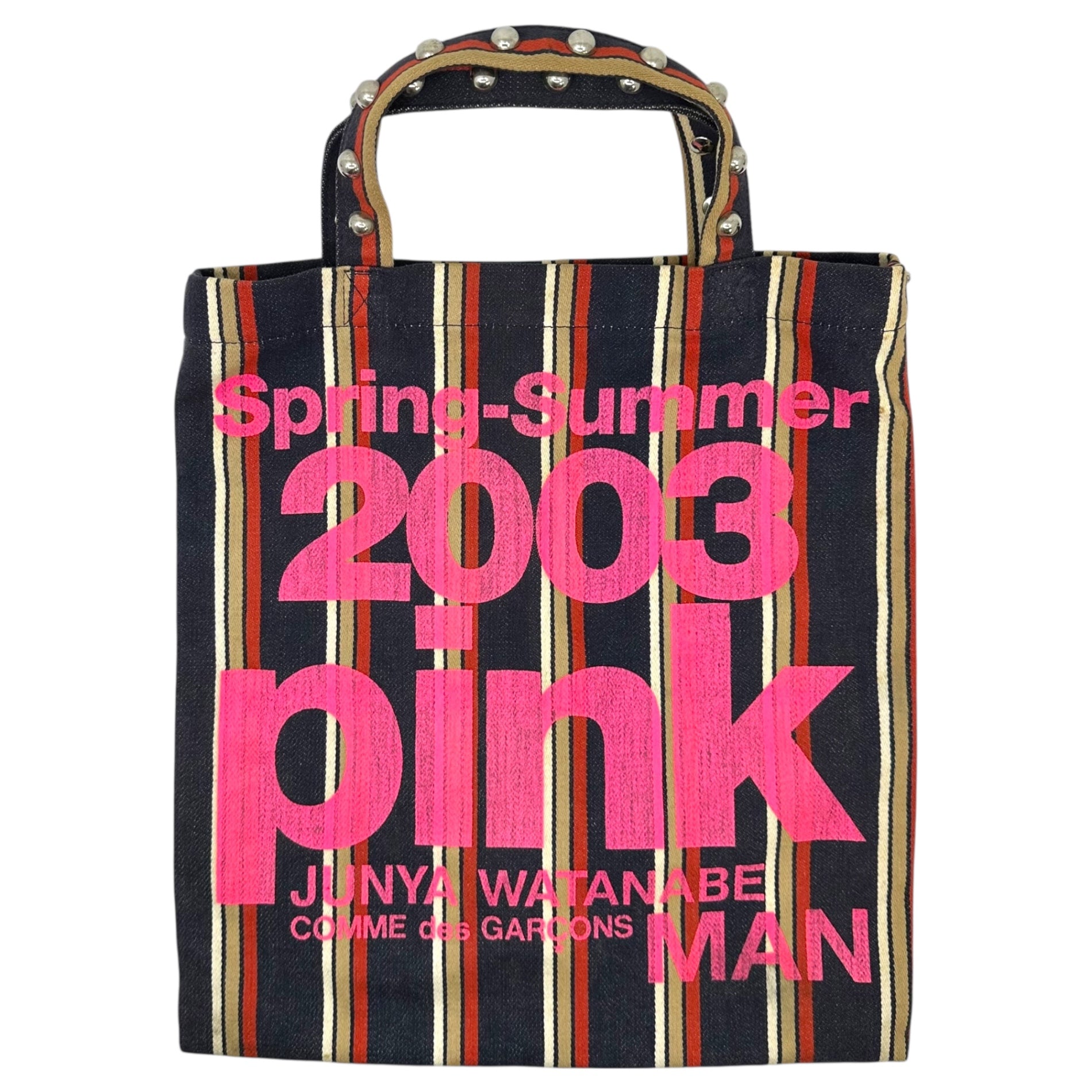 CdG JUNYA WATANABE MAN PINK×10・corso・como(コムデギャルソンジュンヤワタナベマンピンク×ドゥエチコルソコモ) 03SS Round Stud Decorated Striped Logo Tote Bag ラウンド スタッズ 装飾 ストライプ ロゴ トート バッグ ネイビー×ピンク