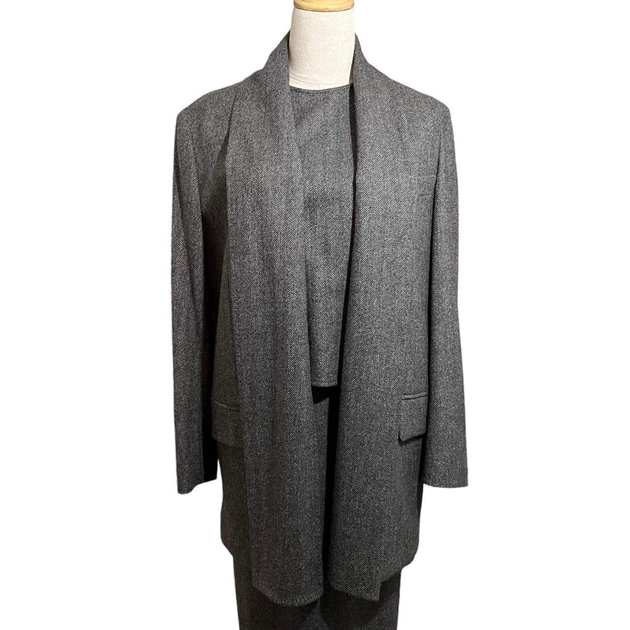 HERMES(エルメス) By margiela 3P Tweed stole jacket setup ツイード ストール ジャケット セットアップ マルジェラ期 36(M程度) ブラウン ノースリーブ ブラウス タイト ロング スカート テーラード ノーカラー ジャケット アーカイブ