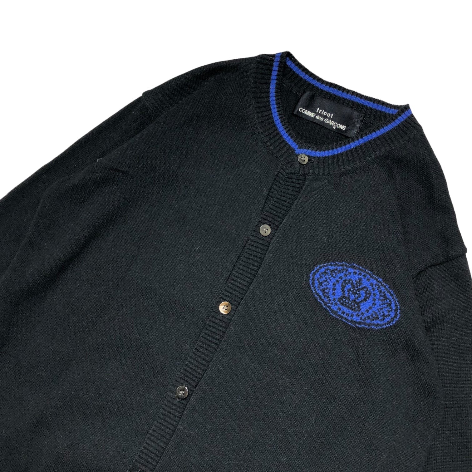 tricot COMME des GARCONS(トリココムデギャルソン) 02SS crew neck cotton cardigan クルーネック コットン カーディガン TF-N012 表記無し(M程度) ブラック×ブルー AD2002 ニット 王冠 ロゴ