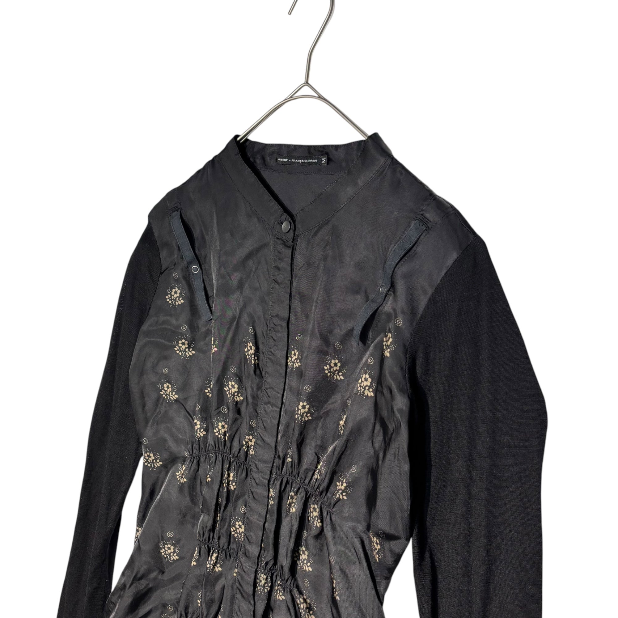 MARITHE FRANCOIS GIRBAUD(マリテフランソワジルボー) 00's Gathered Knit Sleeve Cupra Blouse ギャザー ニットスリーブ キュプラ シャツ ブラウス F7-5909 M ブラック Y2K