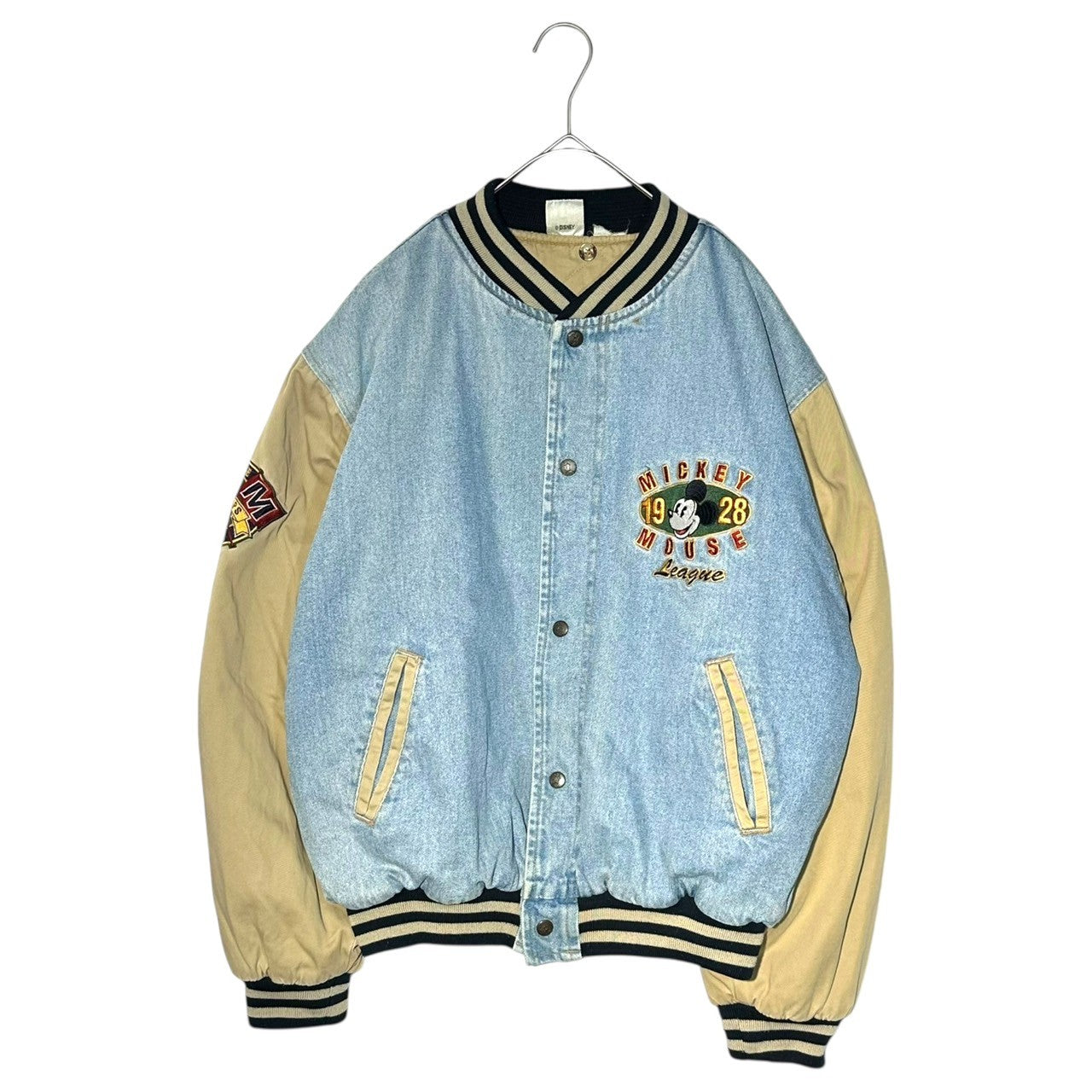 Disney(ディズニー) 90's "MICKEY MOUSE" Denim Stadium Jacket ミッキー デニム 切替 スタジャン 表記無(L程度) ライトインディゴ×カーキ 90年代 ヴィンテージ ジャケット ブルゾン 古着