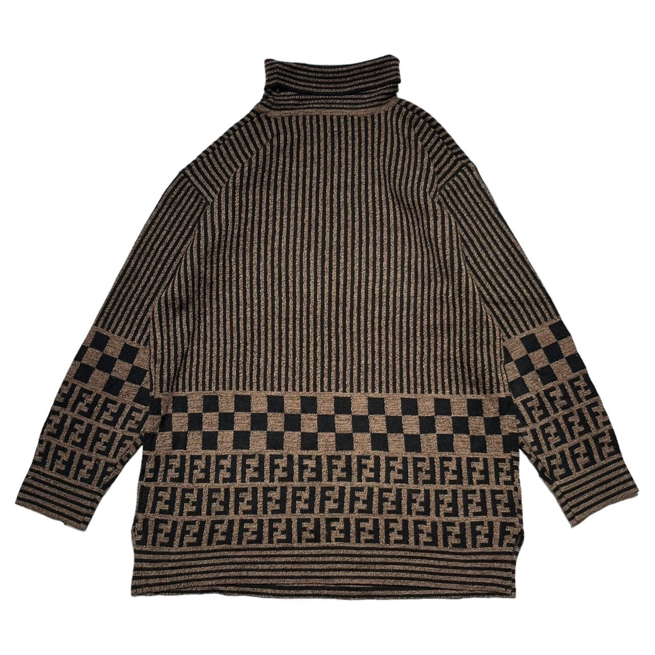 FENDI(フェンディ) 90's Zucca pattern striped turtleneck knit ズッカ柄 タートルネック ニット 表記無し(M~L程度) ブラウン×ブラック 90年代 ヴィンテージ OLD