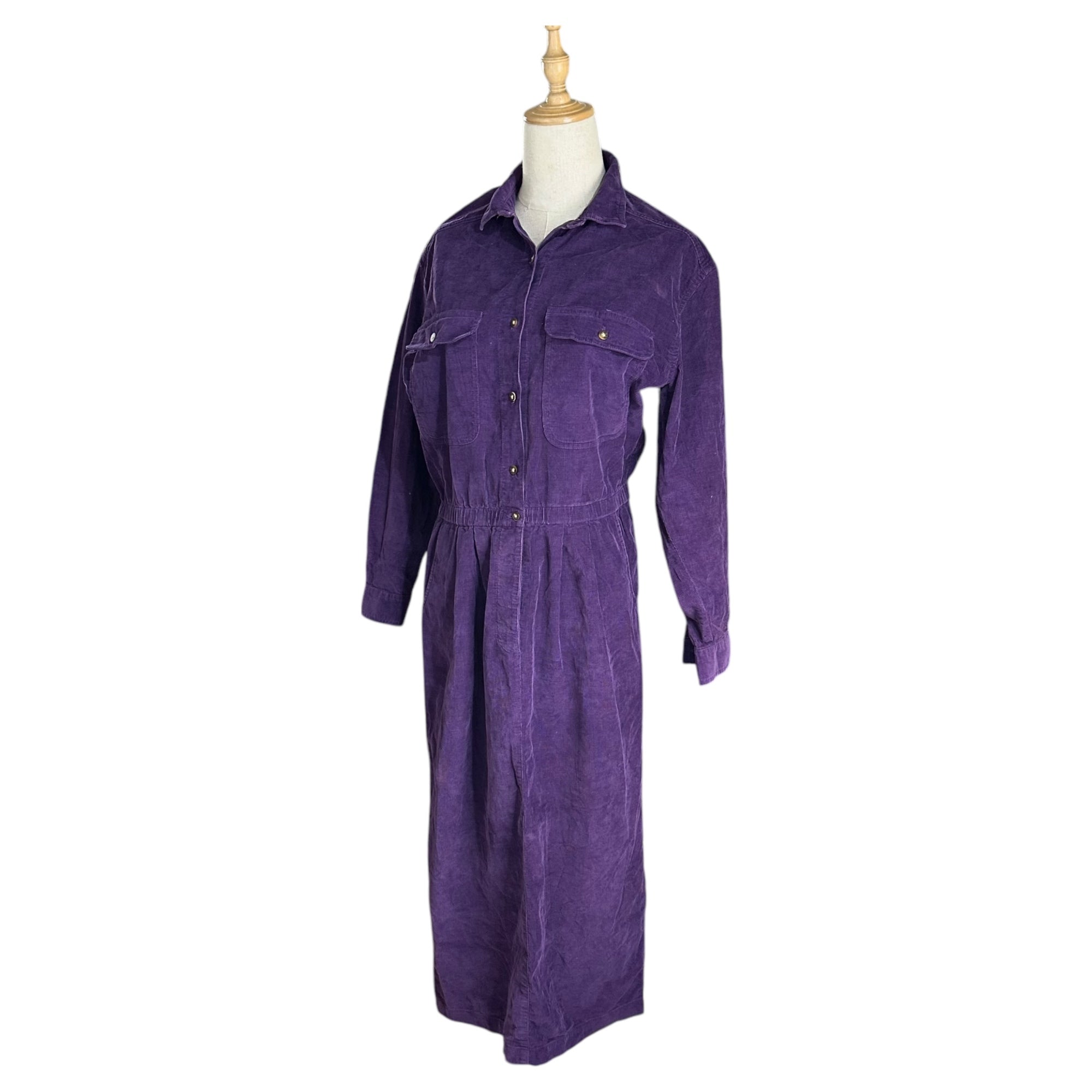 Eddie Bauer(エディーバウアー) 80's~90's Corduroy Shirt Maxi Dress コーデュロイ シャツ マキシ ワンピース S パープル 80年代~90年代 ヴィンテージ 古着