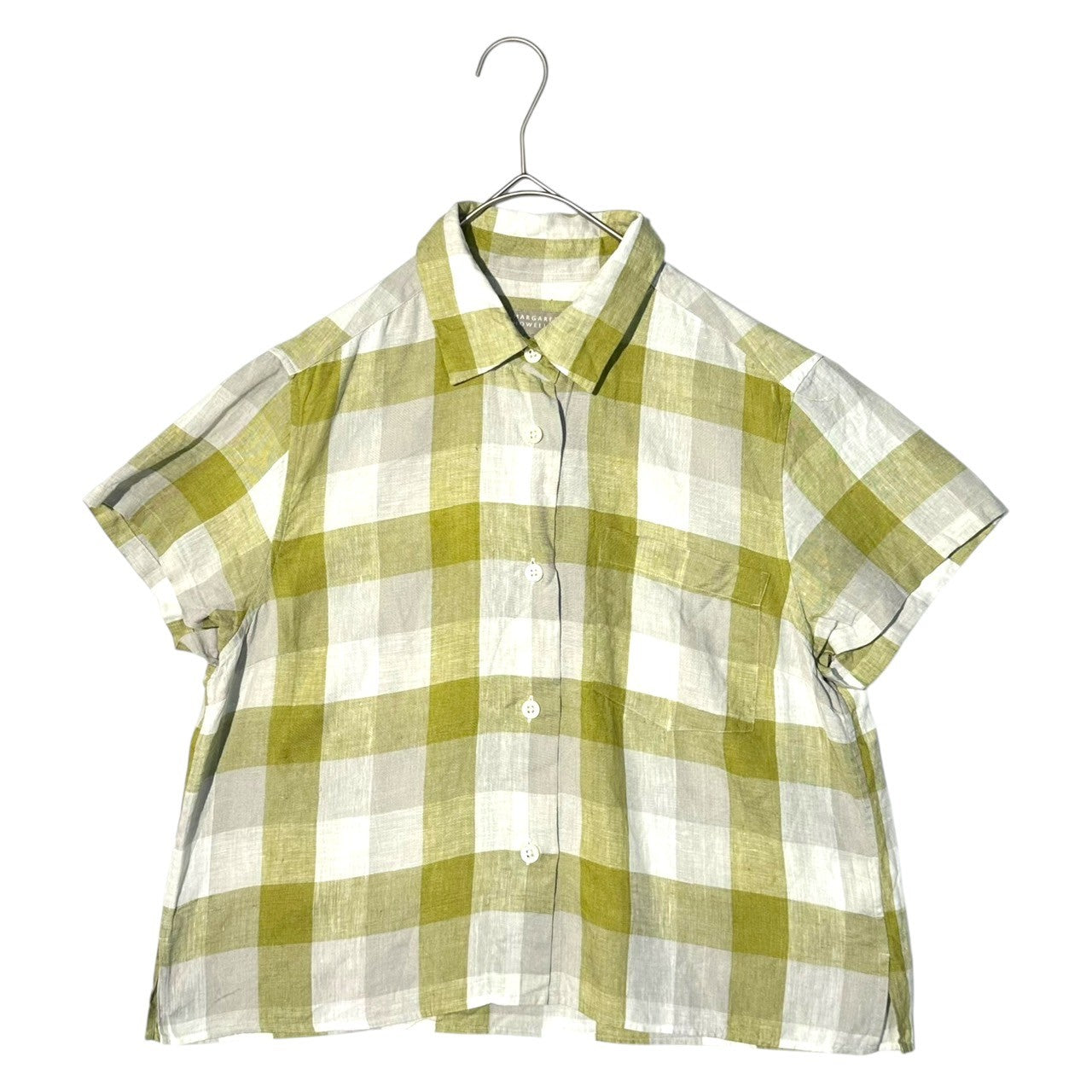 MARGARET HOWELL(マーガレットハウエル) Linen Block Check Short-Sleeved Shirt リネン ブロック チェック 半袖 シャツ 578-9152014 1(S程度) イエローグリーン(黄緑系のくすんだカラー)