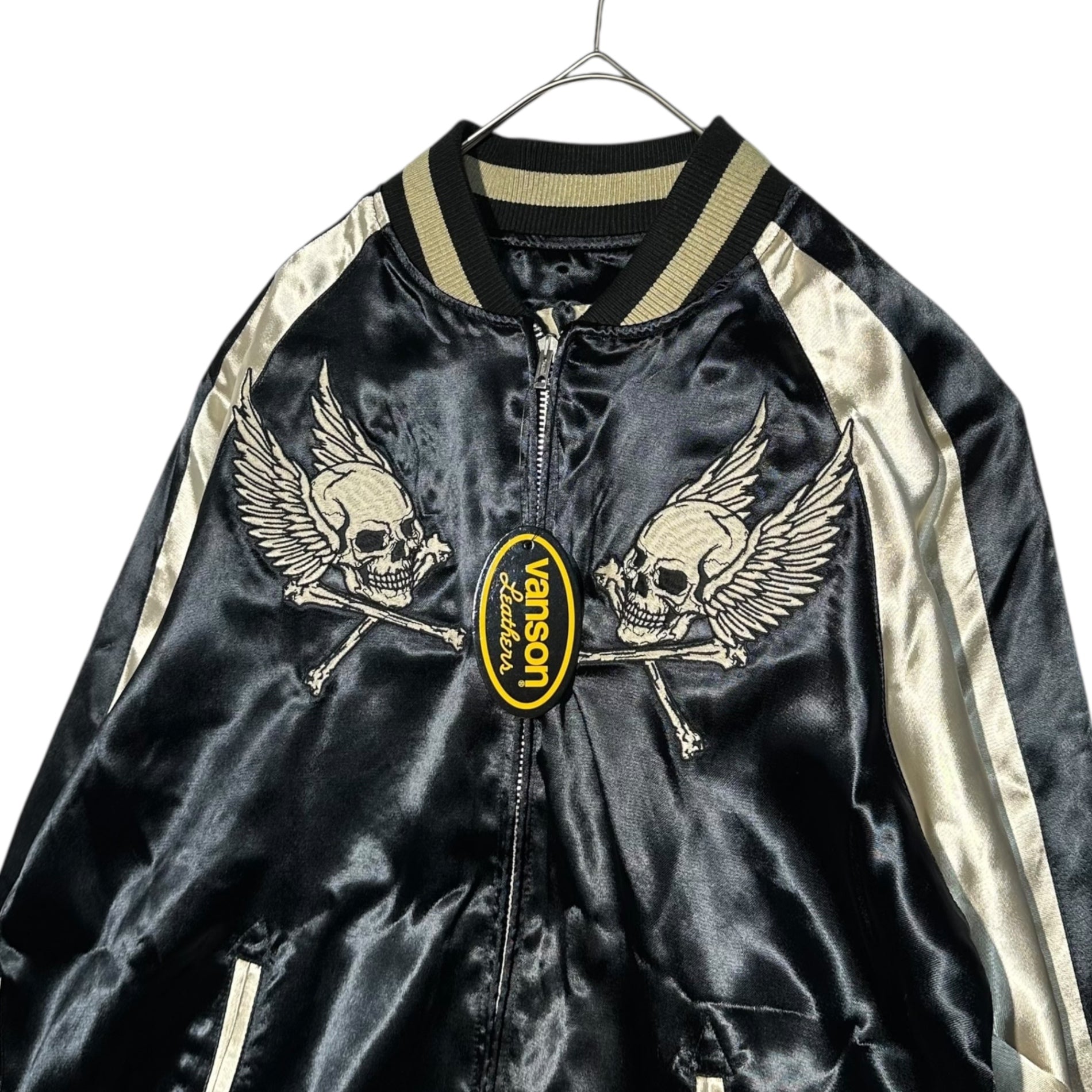 VANSON(バンソン) Wing Skull Reversible Souvenir Jacket ウィング スカル 刺繍 リバーシブル スーベニア ジャケット NV JK-701 L ブラック×ホワイト スカジャン ブルゾン 骸骨